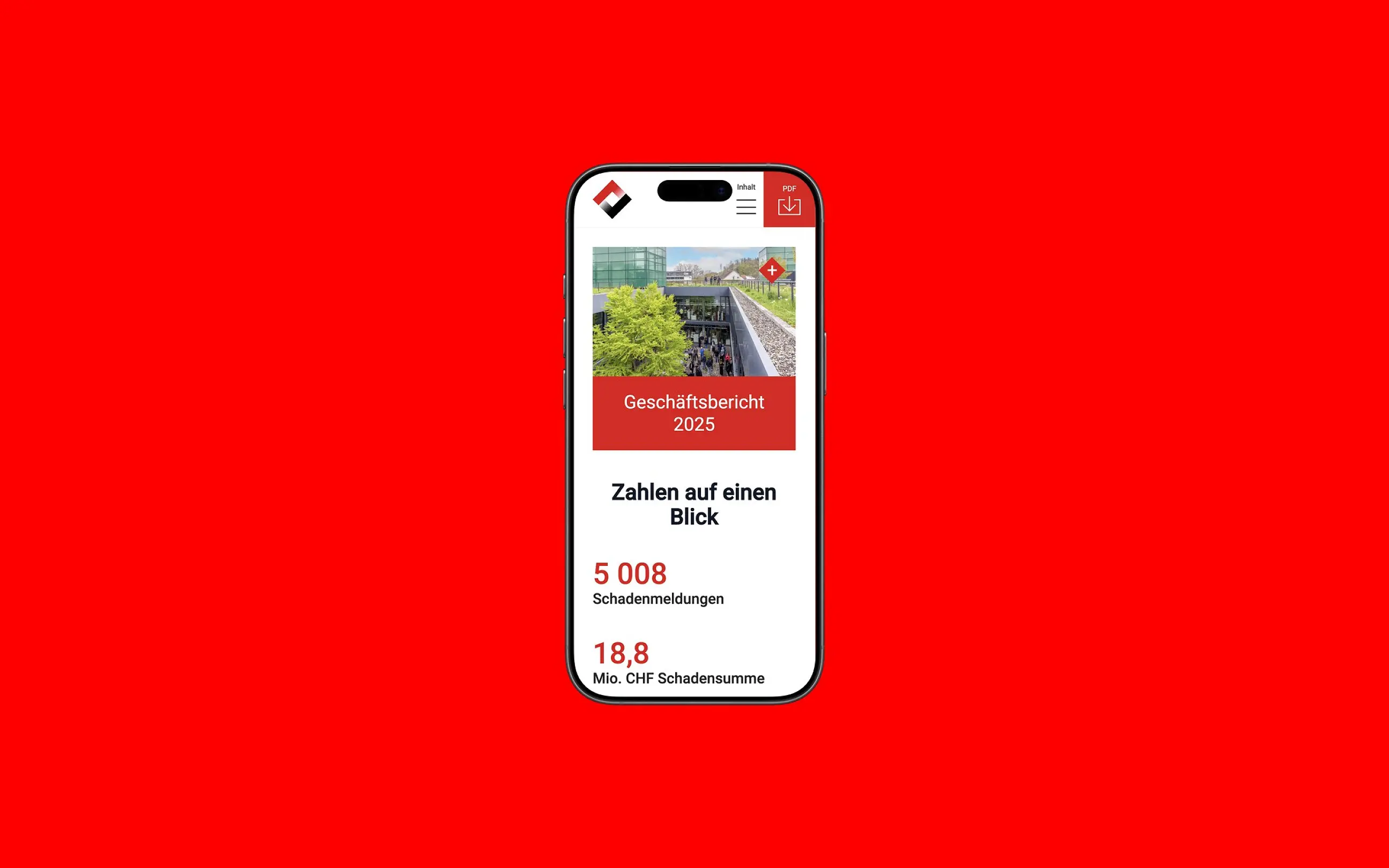 App-Ansicht von BGV auf einem iPhone, vor einer Fläche in der Kundenfarbe