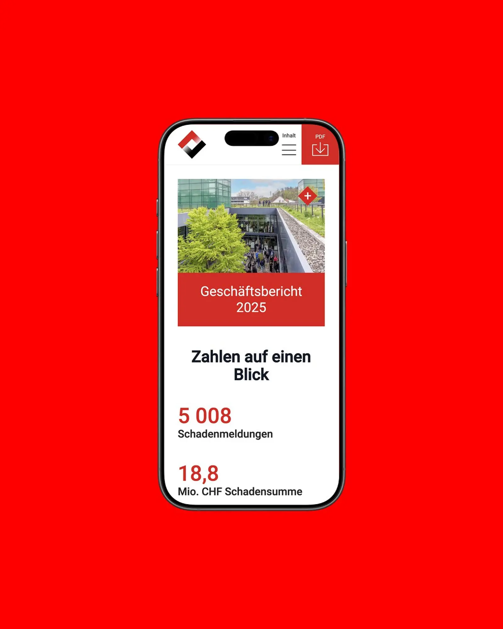 App-Ansicht von BGV auf einem iPhone, vor einer Fläche in der Kundenfarbe