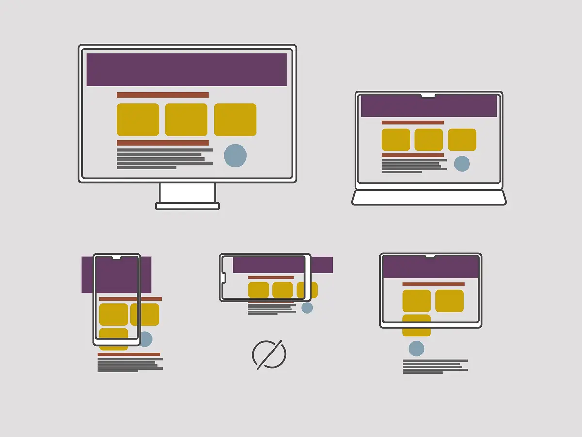 Schema einer responsiven Website auf Bildschirm, Laptop, Tablet und Smartphone, eine Variante ist durchgestrichen