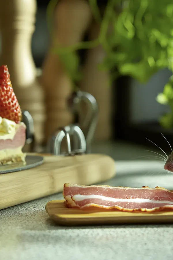 Maus auf einem Holzbrett mit Speckstreifen, daneben ein Stück Erdbeertorte