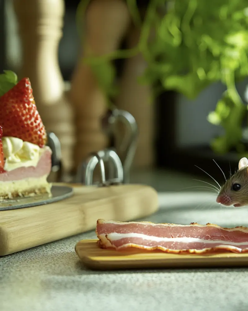 Maus auf einem Holzbrett mit Speckstreifen, daneben ein Stück Erdbeertorte