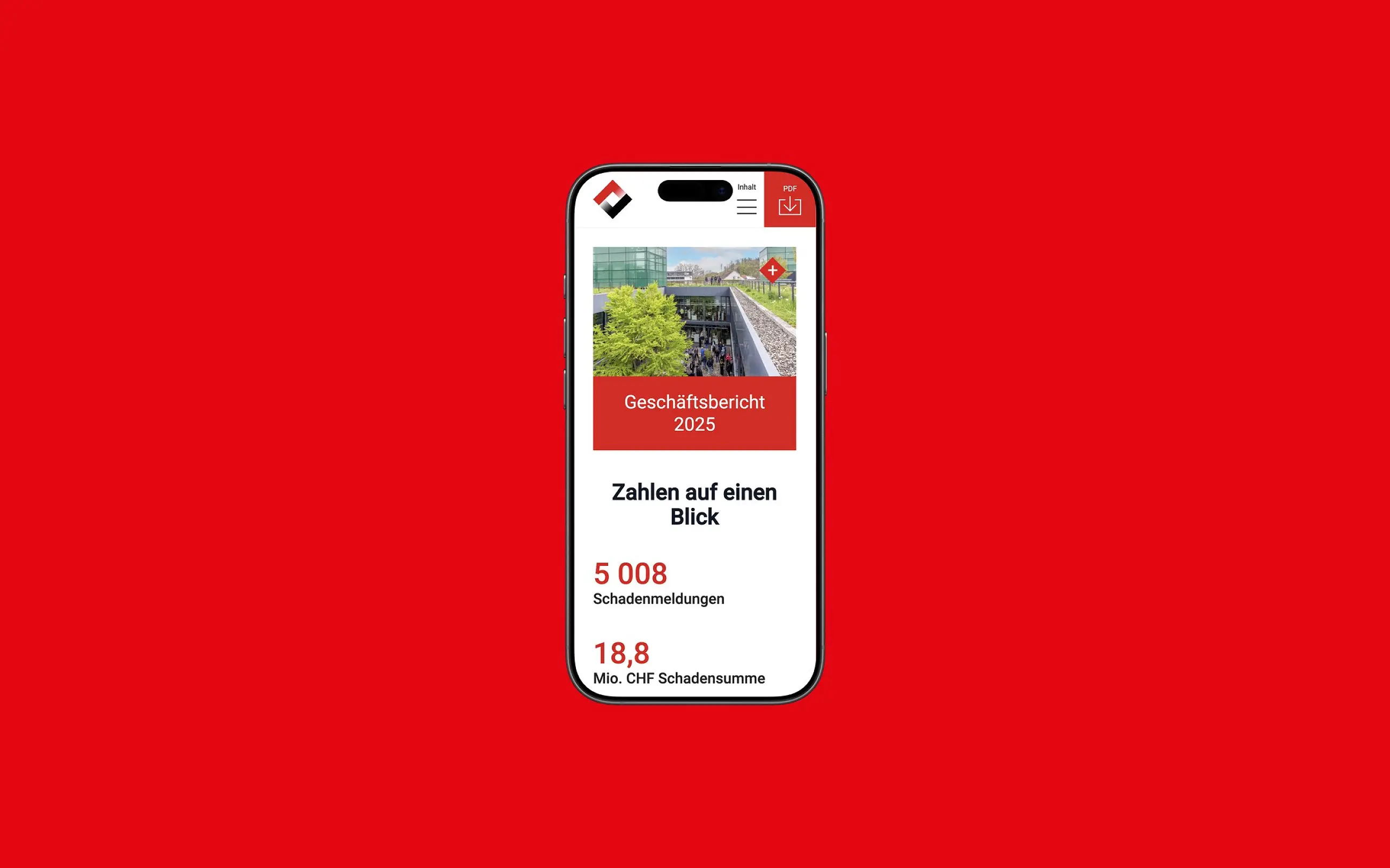 App-Ansicht von BGV auf einem iPhone, vor einer Fläche in der Kundenfarbe