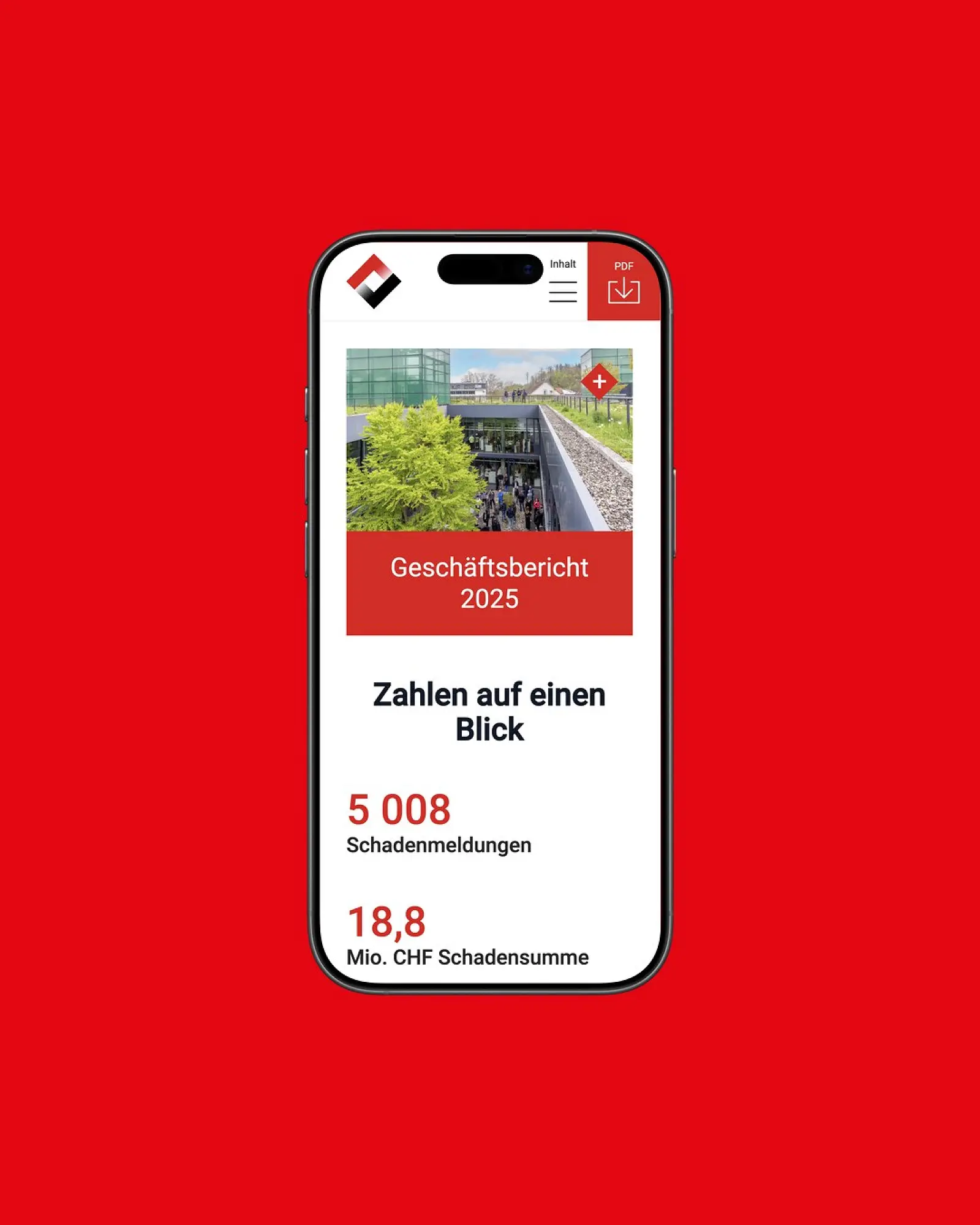 App-Ansicht von BGV auf einem iPhone, vor einer Fläche in der Kundenfarbe