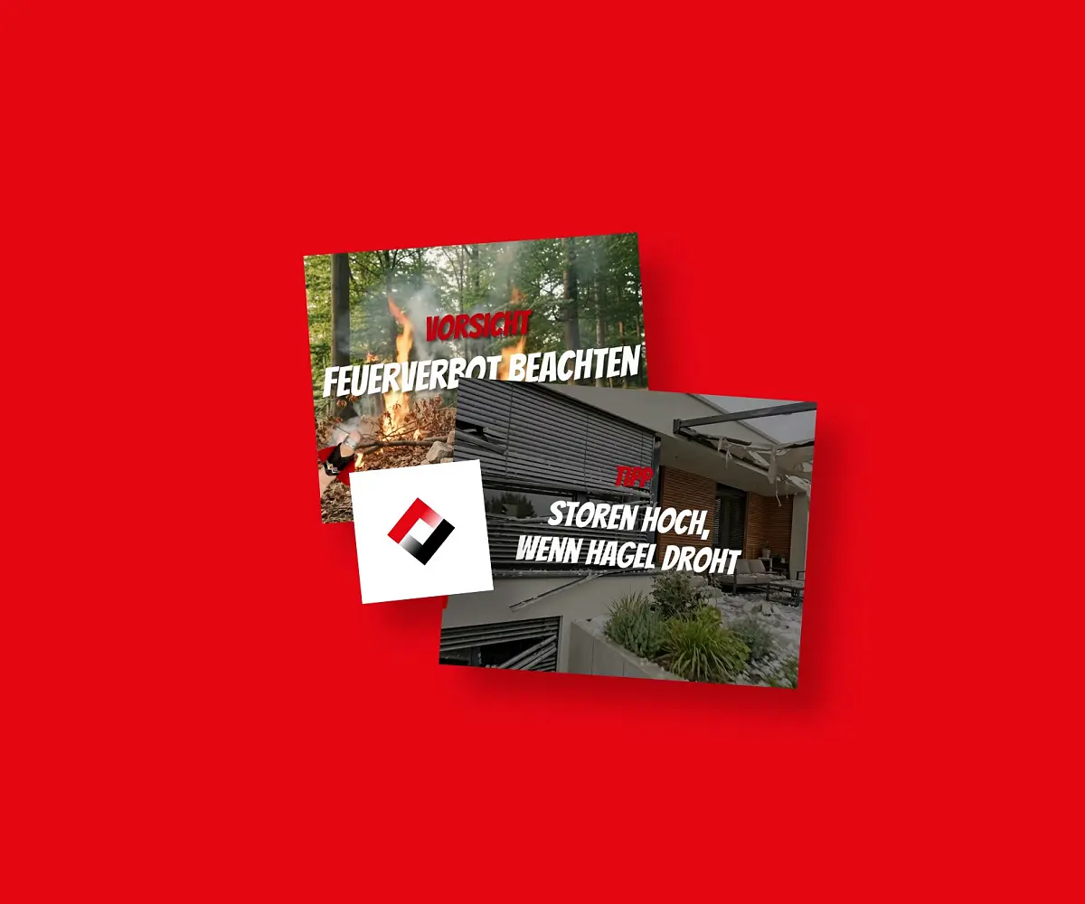 Drei Kampagnensujets von BGV, gestaffelt auf der Kundenfarbe