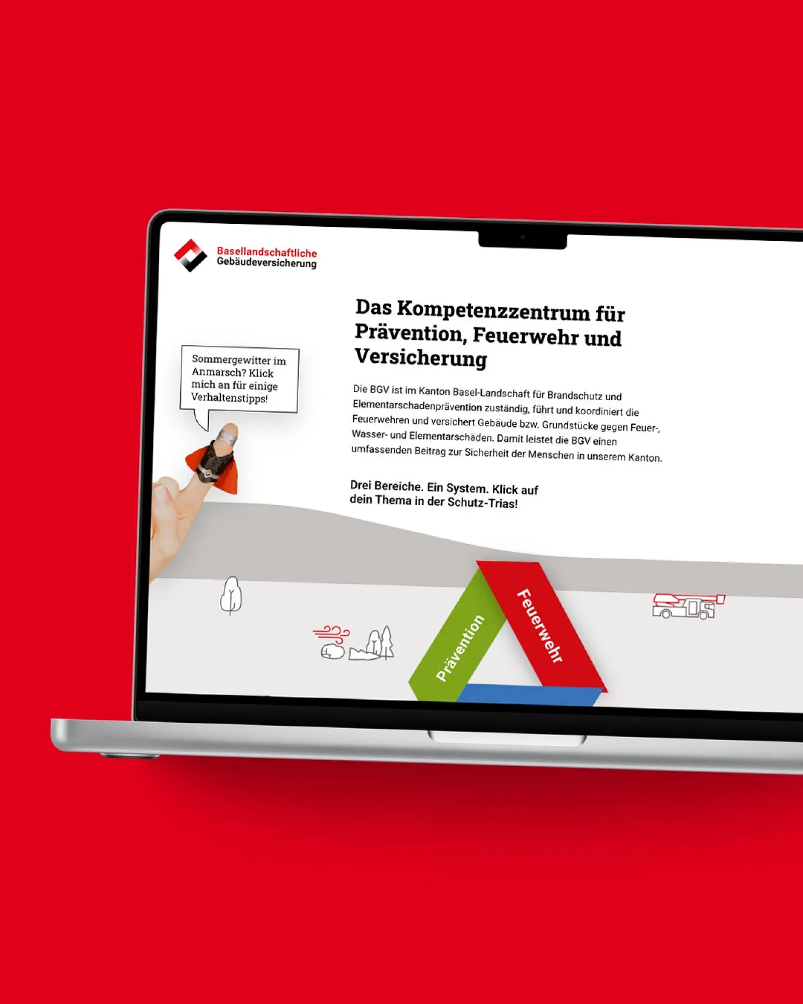 Startseite von BGV auf einem MacBook, vor einer Fläche in der Kundenfarbe