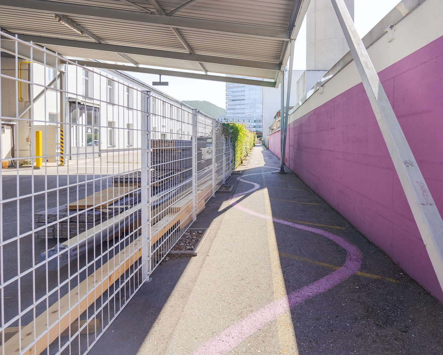 Das Grüssenweglein: schmaler Durchgang zwischen Gitterzaun und rosé gestrichener Mauer, eine violette Linie führt über den Boden