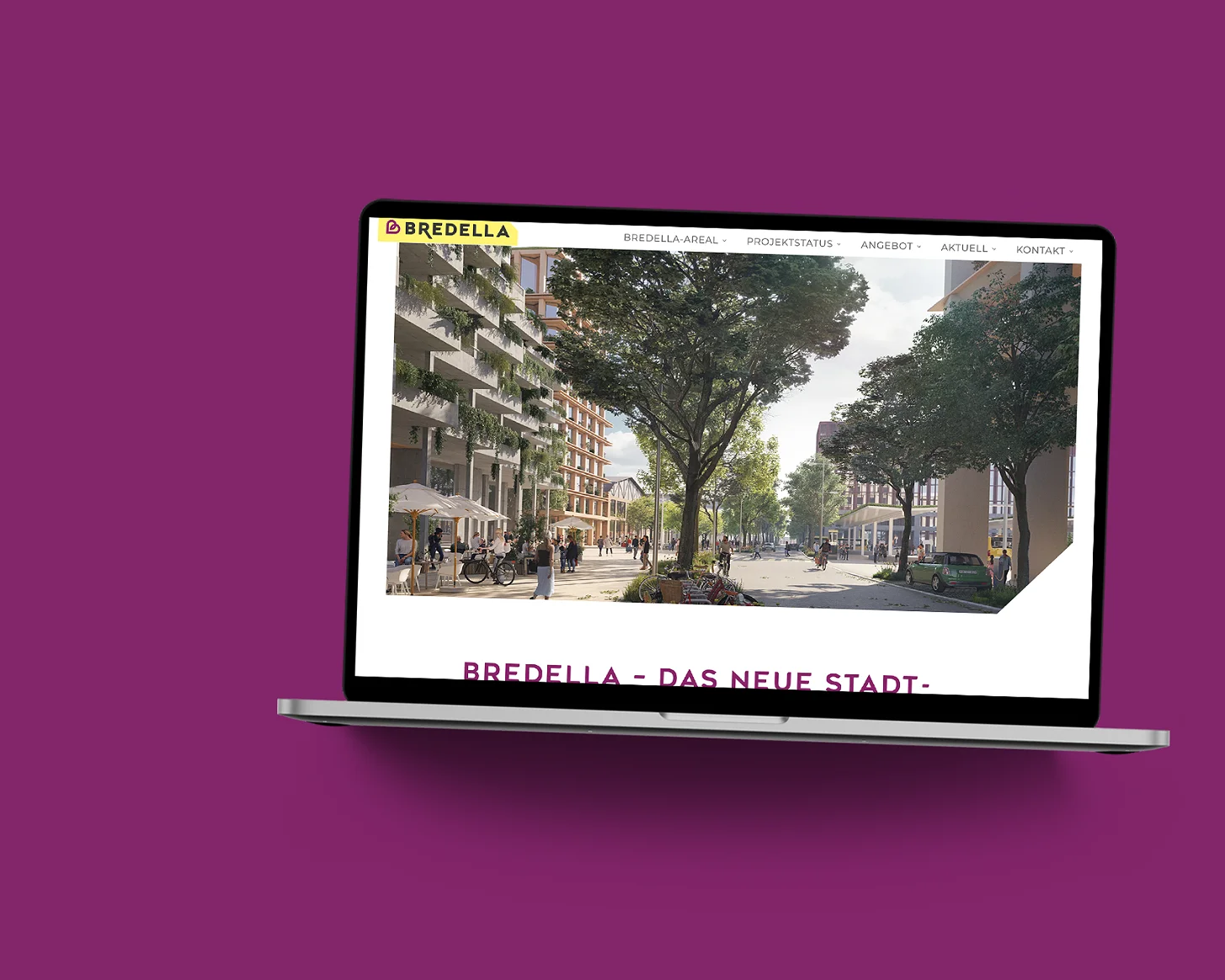 Die Bredella-Website im MacBook auf violetter Fläche: Startseite mit der Visualisierung der neuen Stadtstrasse