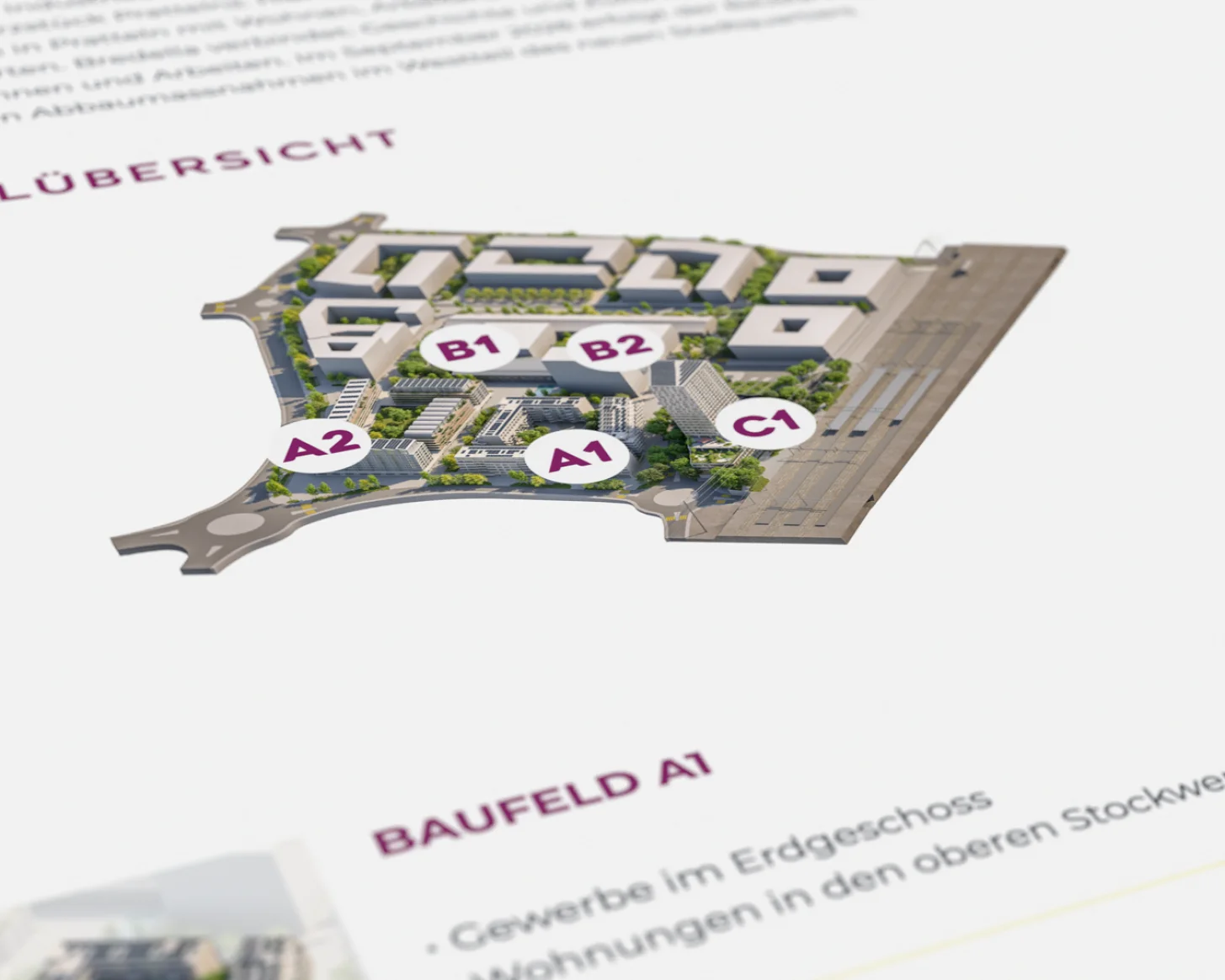 Angeschrägte Ansicht der Arealübersicht mit den Baufeldern A1, A2, B1, B2 und C1