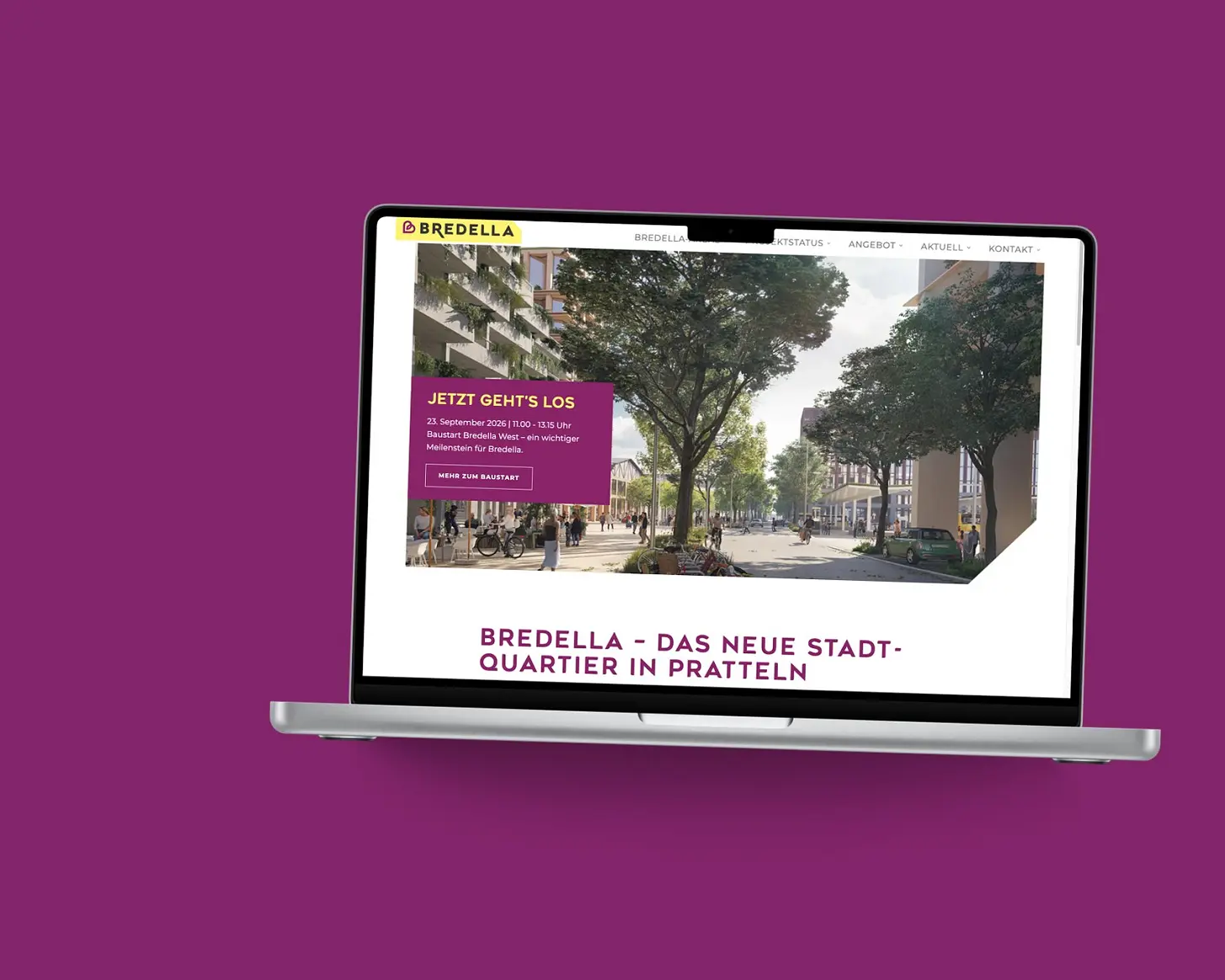 Startseite von Bredella AG auf einem MacBook, vor einer Fläche in der Kundenfarbe