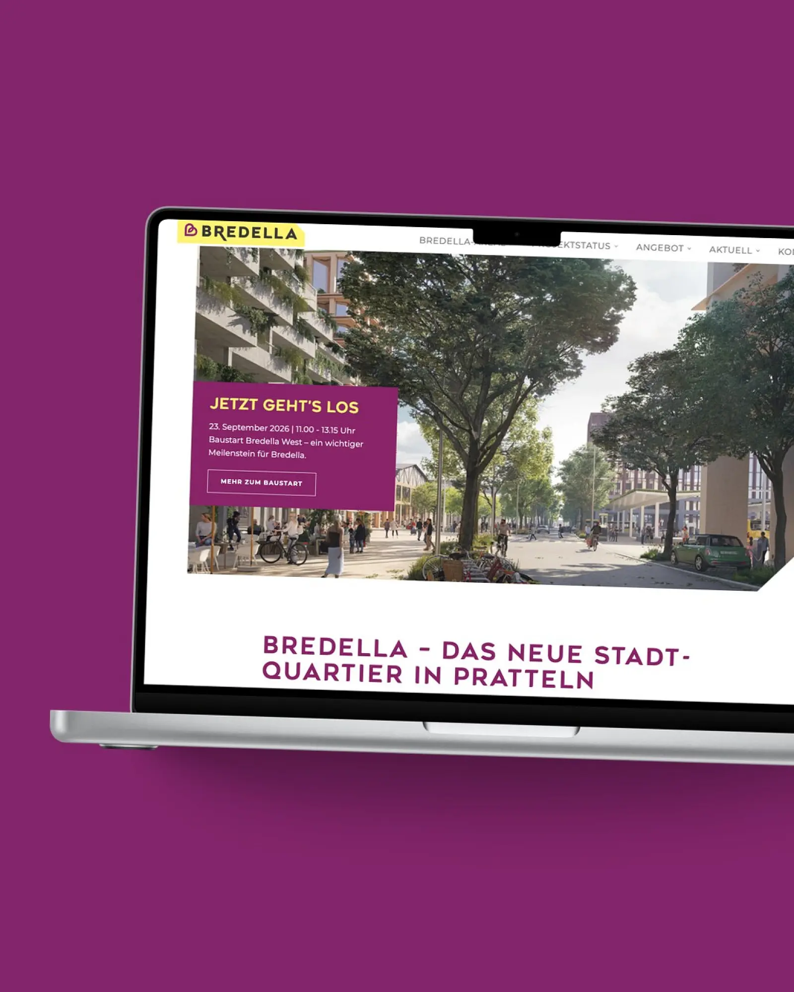 Startseite von Bredella AG auf einem MacBook, vor einer Fläche in der Kundenfarbe