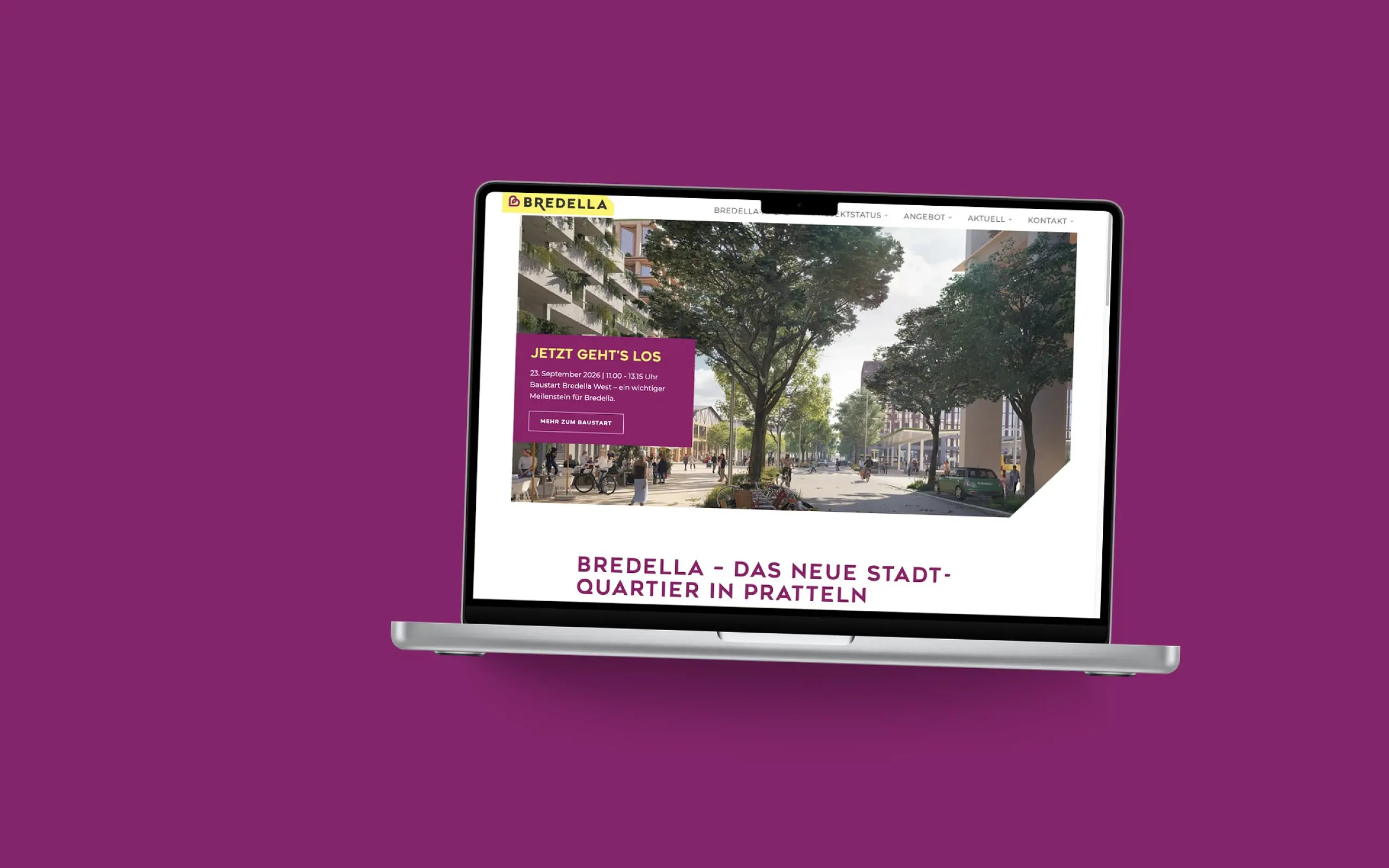 Startseite von Bredella AG auf einem MacBook, vor einer Fläche in der Kundenfarbe