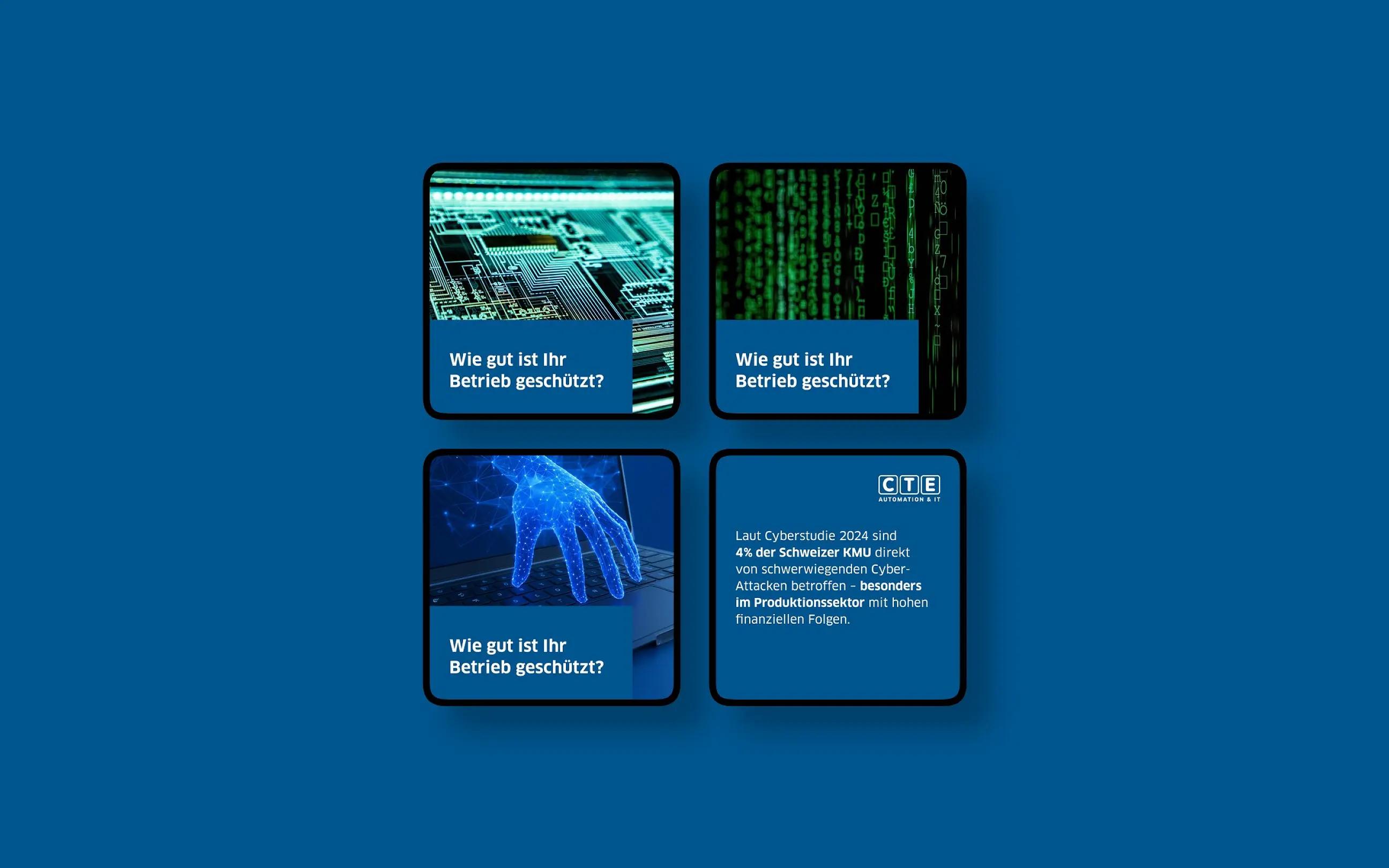 Vier Content-Karten von ControlTech Engineering AG im Raster auf der Kundenfarbe