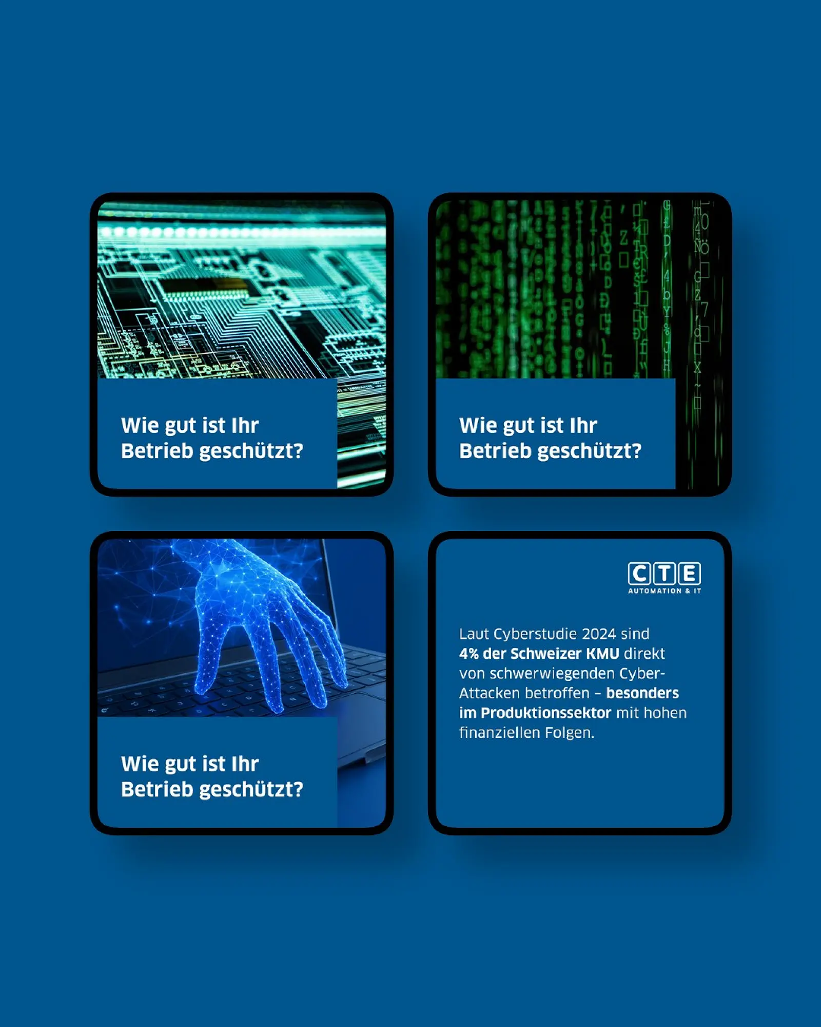 Vier Content-Karten von ControlTech Engineering AG im Raster auf der Kundenfarbe