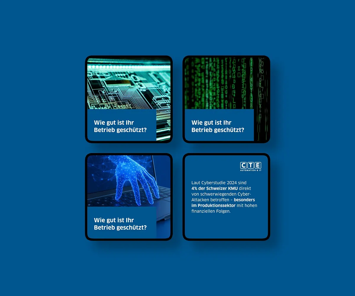 Vier Content-Karten von ControlTech Engineering AG im Raster auf der Kundenfarbe