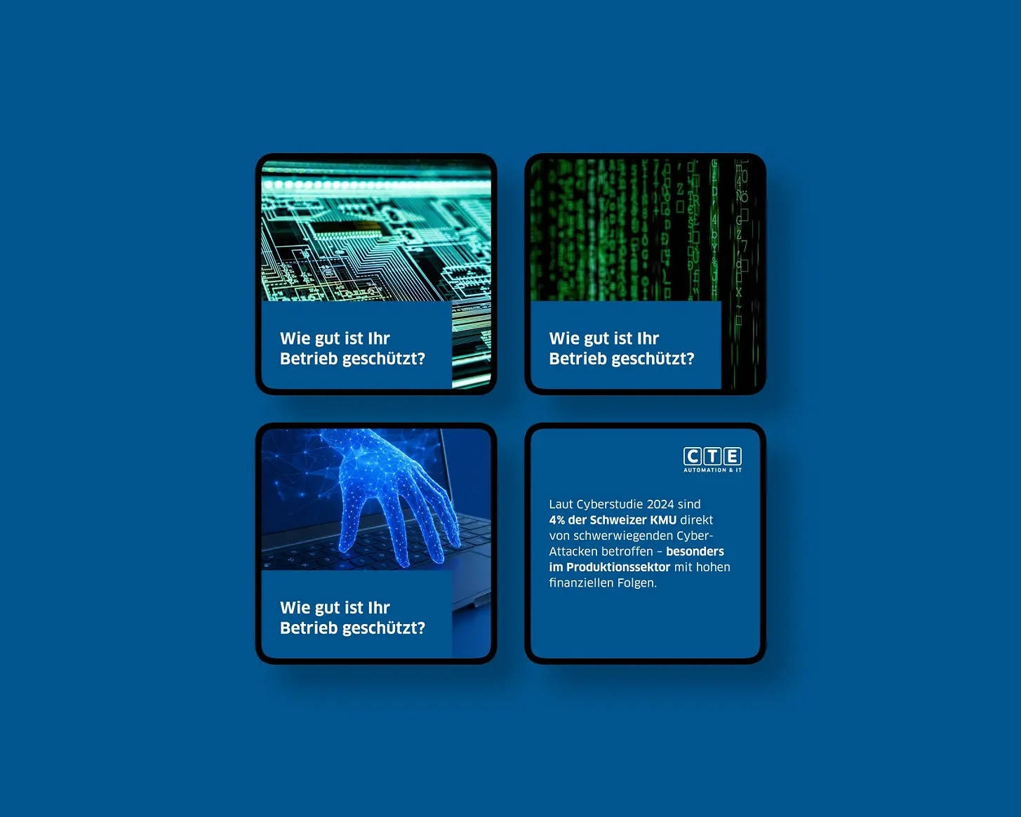 Vier Content-Karten von ControlTech Engineering AG im Raster auf der Kundenfarbe