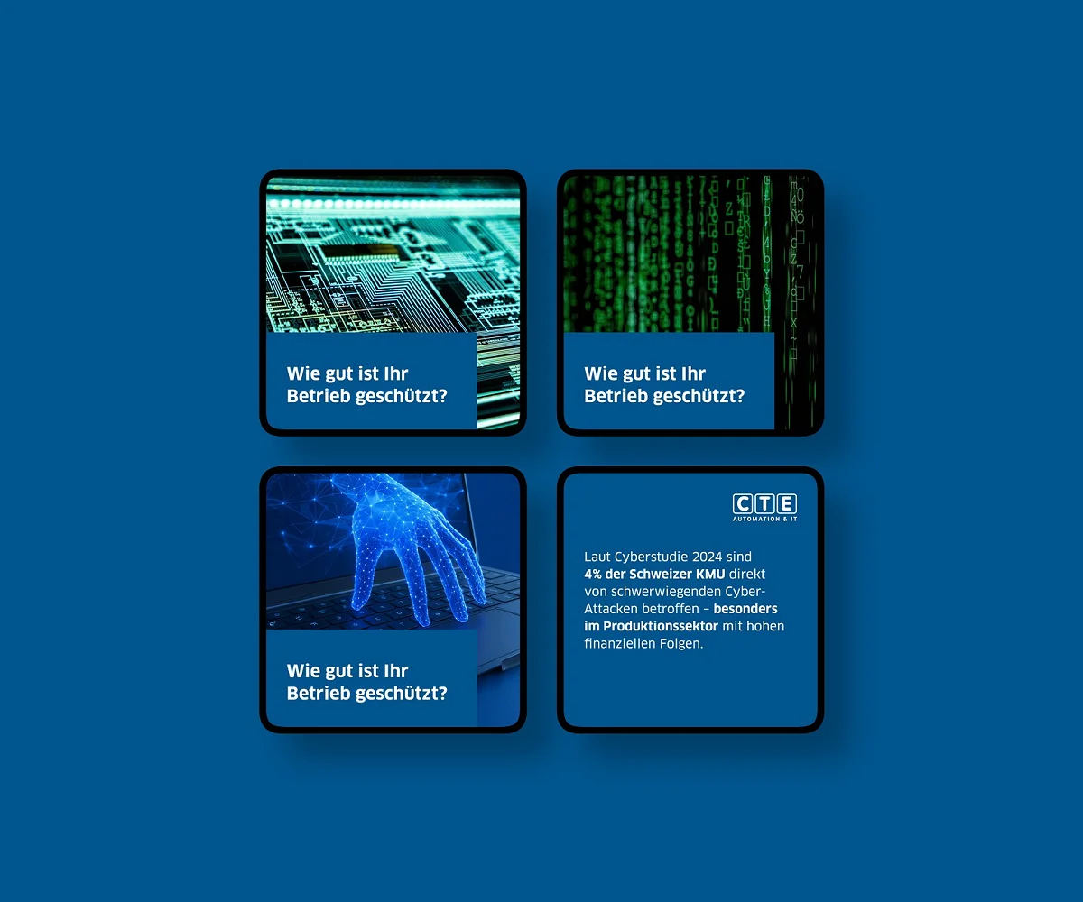 Vier Content-Karten von ControlTech Engineering AG im Raster auf der Kundenfarbe