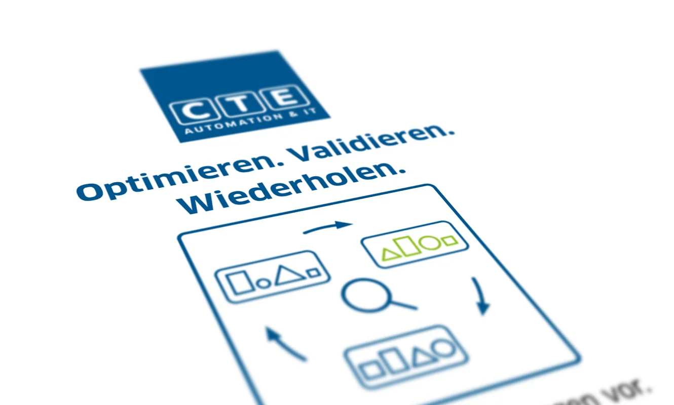 Content-Karte «Optimieren. Validieren. Wiederholen.» mit Prozess-Diagramm, Draufsicht