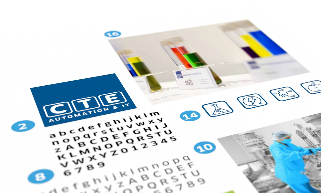 Titelseite der CTE-Gestaltungsrichtlinien mit Logo, Schriftmustern, Piktogrammen und Bildbeispielen aus Labor und Produktion
