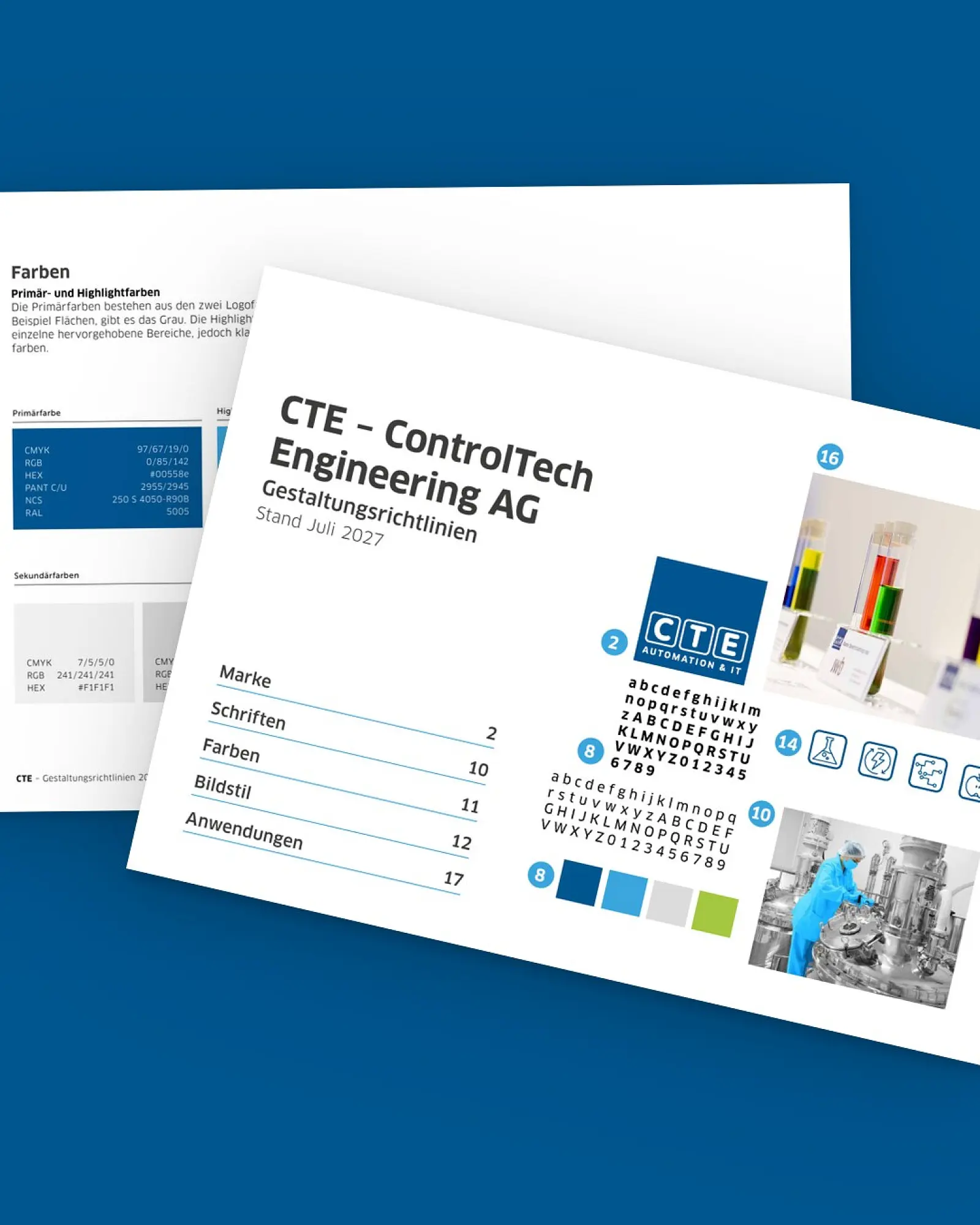 Zwei Blätter aus dem Corporate Design von ControlTech Engineering AG, aufgefächert auf der Kundenfarbe