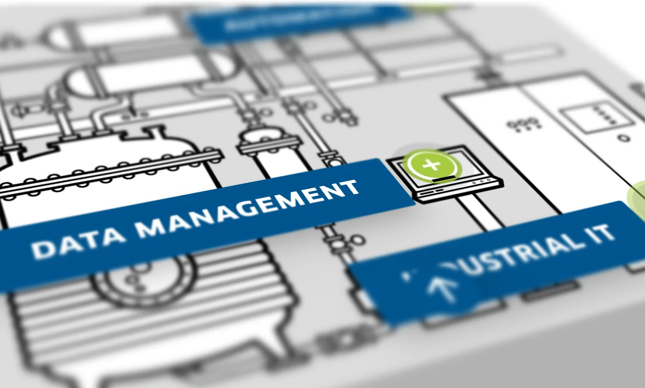 Interaktive Anlagen-Illustration mit Labels Data Management und Industrial IT, Draufsicht