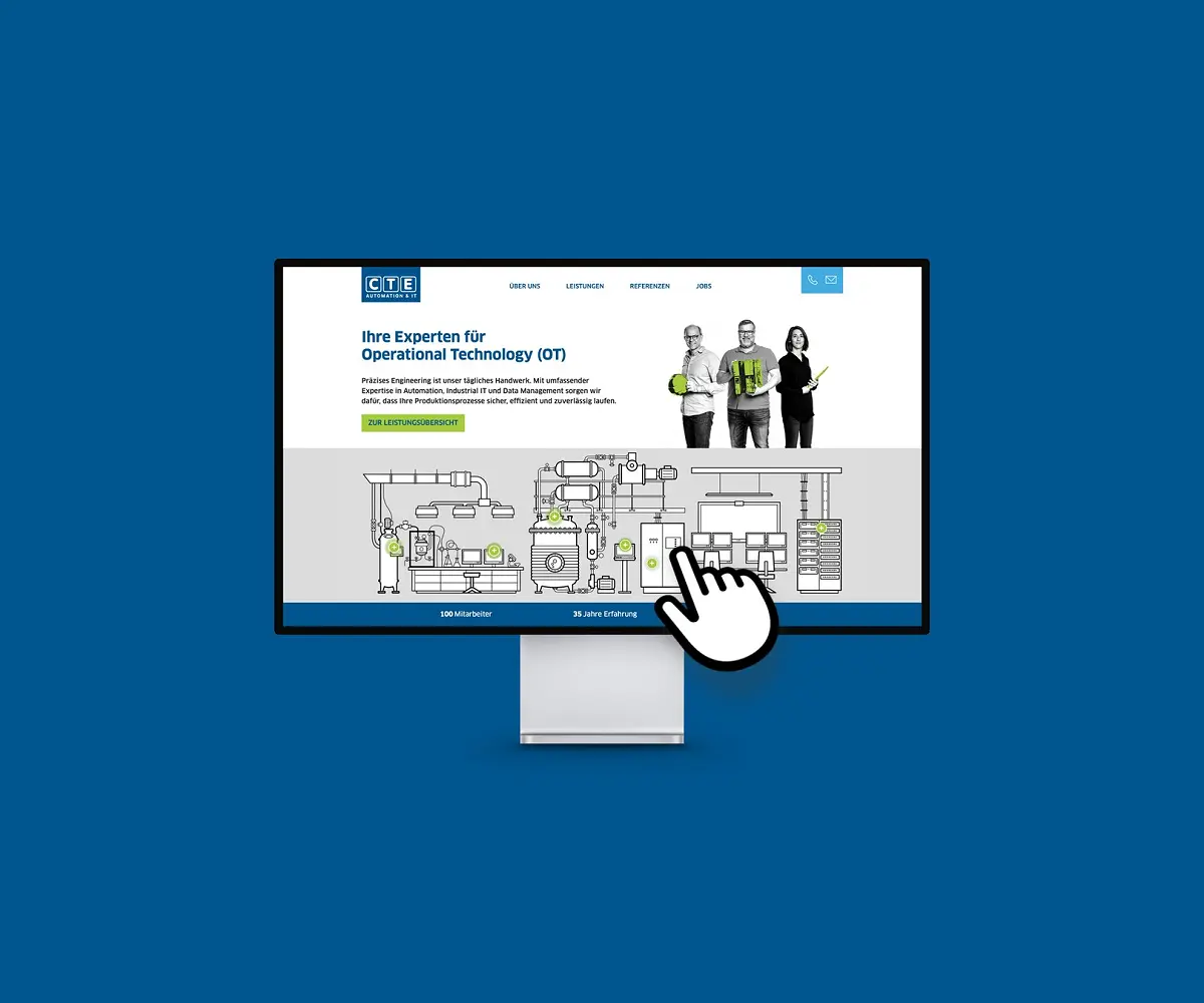 Bildschirm mit der Anwendung von ControlTech Engineering AG, davor eine Klickhand