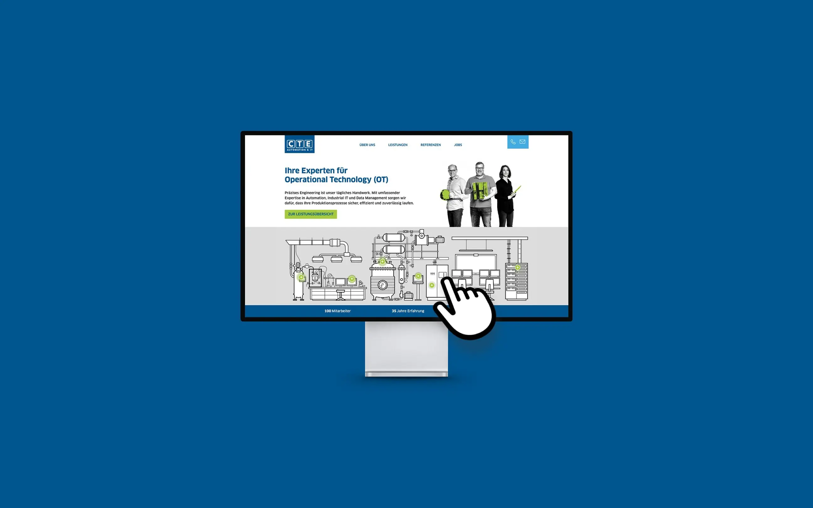 Bildschirm mit der Anwendung von ControlTech Engineering AG, davor eine Klickhand