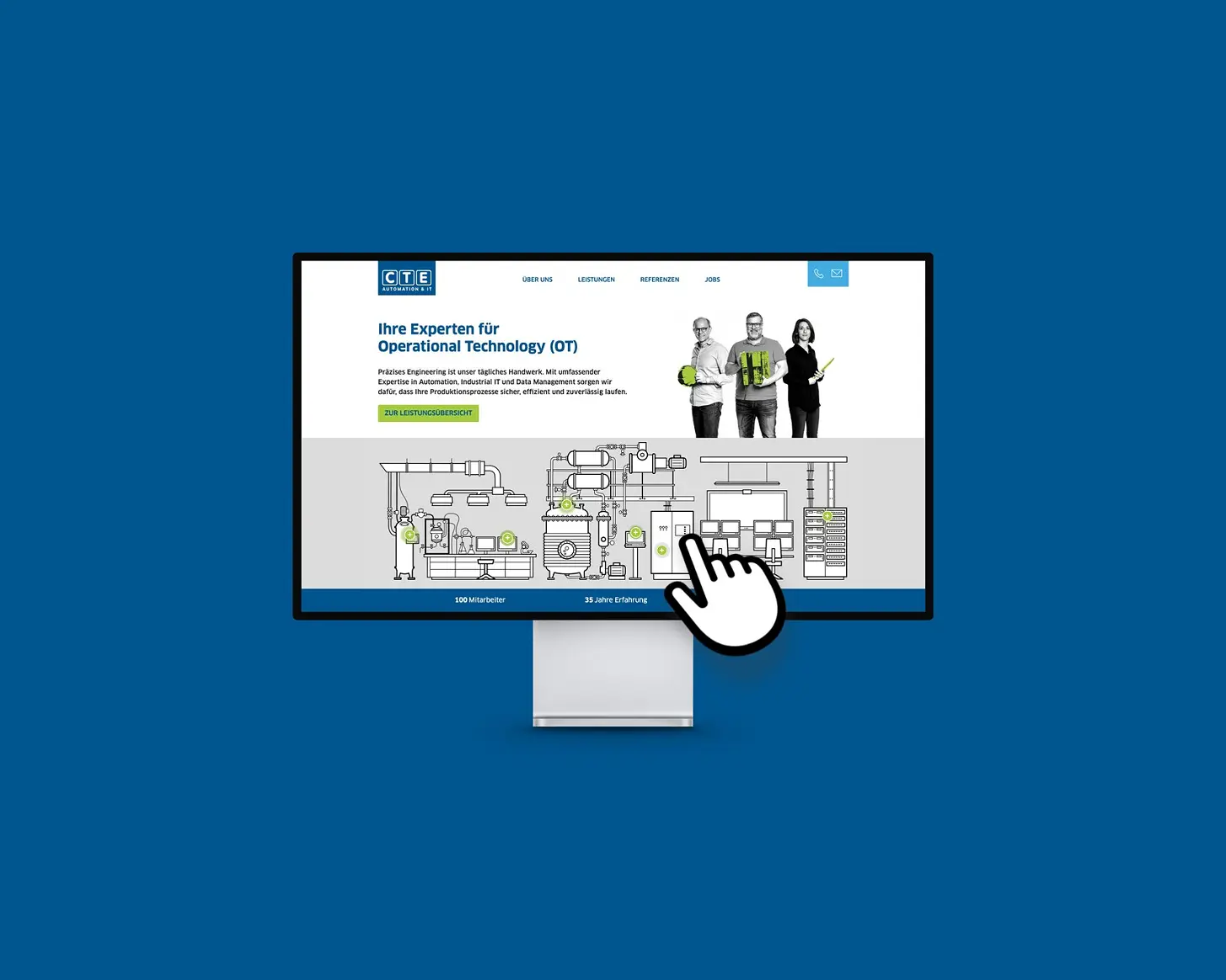Bildschirm mit der Anwendung von ControlTech Engineering AG, davor eine Klickhand