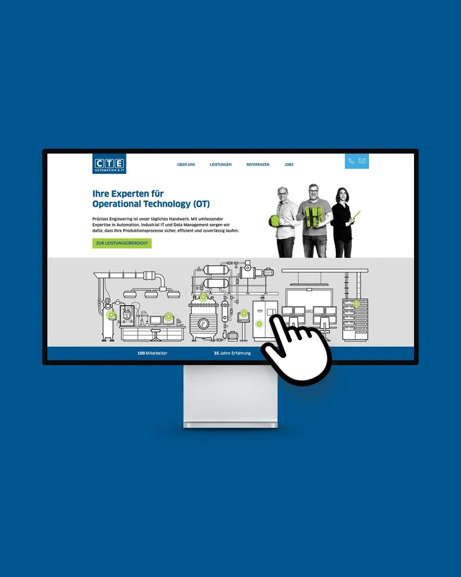 Bildschirm mit der Anwendung von ControlTech Engineering AG, davor eine Klickhand