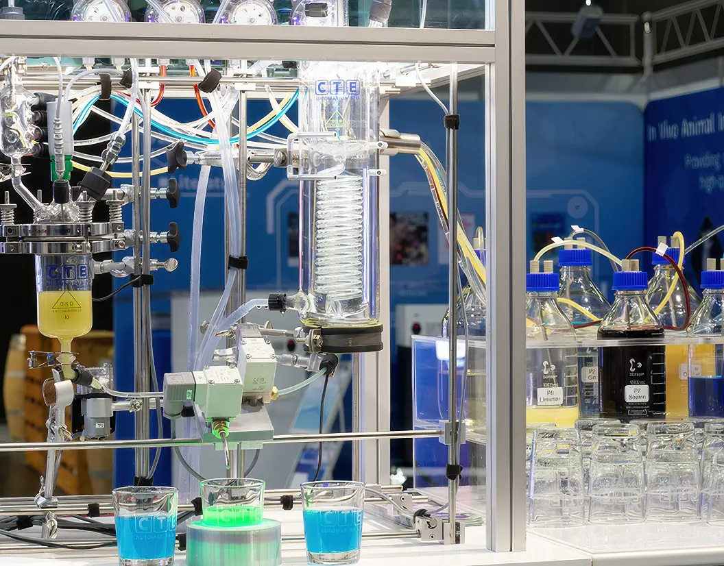 Die Cocktailmaschine am CTE-Messestand aus der Nähe: Laboranlage aus Glas und Aluminium mit Reaktor, Kühler, Ventilen und Schläuchen, davor drei Gläser mit blauem und grünem Getränk