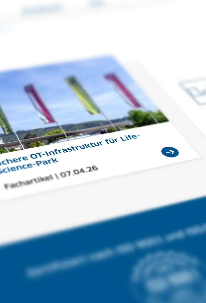 Draufsicht der CTE-Website: Fachartikel-Karten, unter anderem «Sichere OT-Infrastruktur für Life-Science-Park»