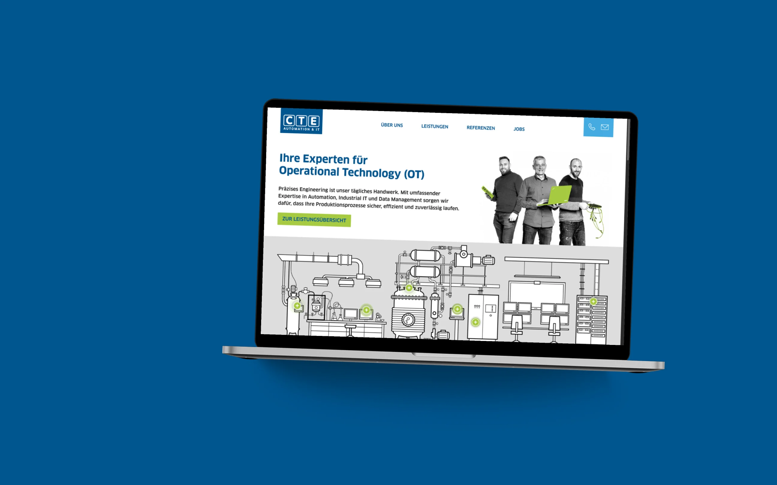 Die CTE-Website im MacBook auf blauer Fläche: Startseite «Ihre Experten für Operational Technology» mit der interaktiven Anlagengrafik