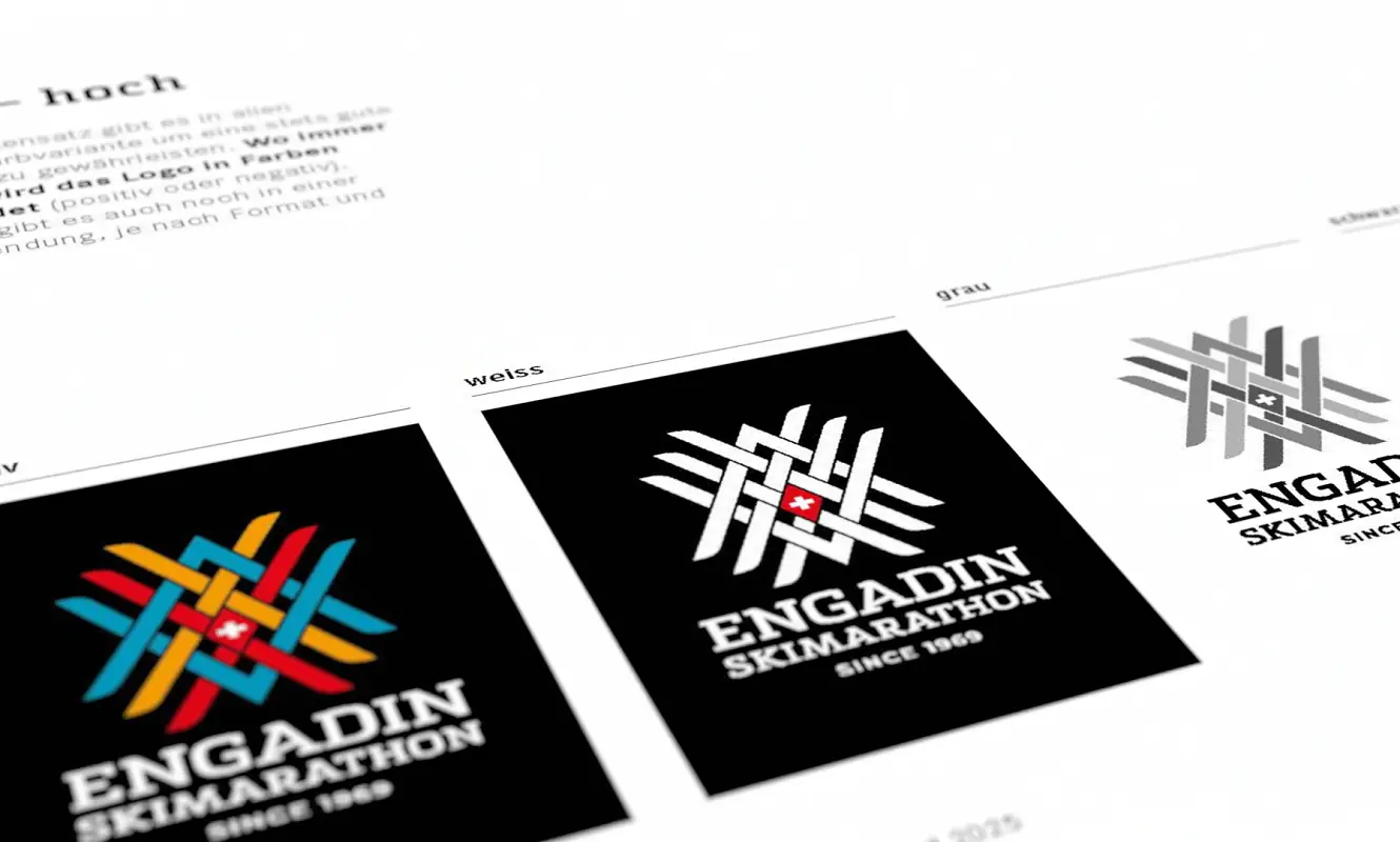 Manualseite mit den Logovarianten: farbig, negativ auf Schwarz und in Grau