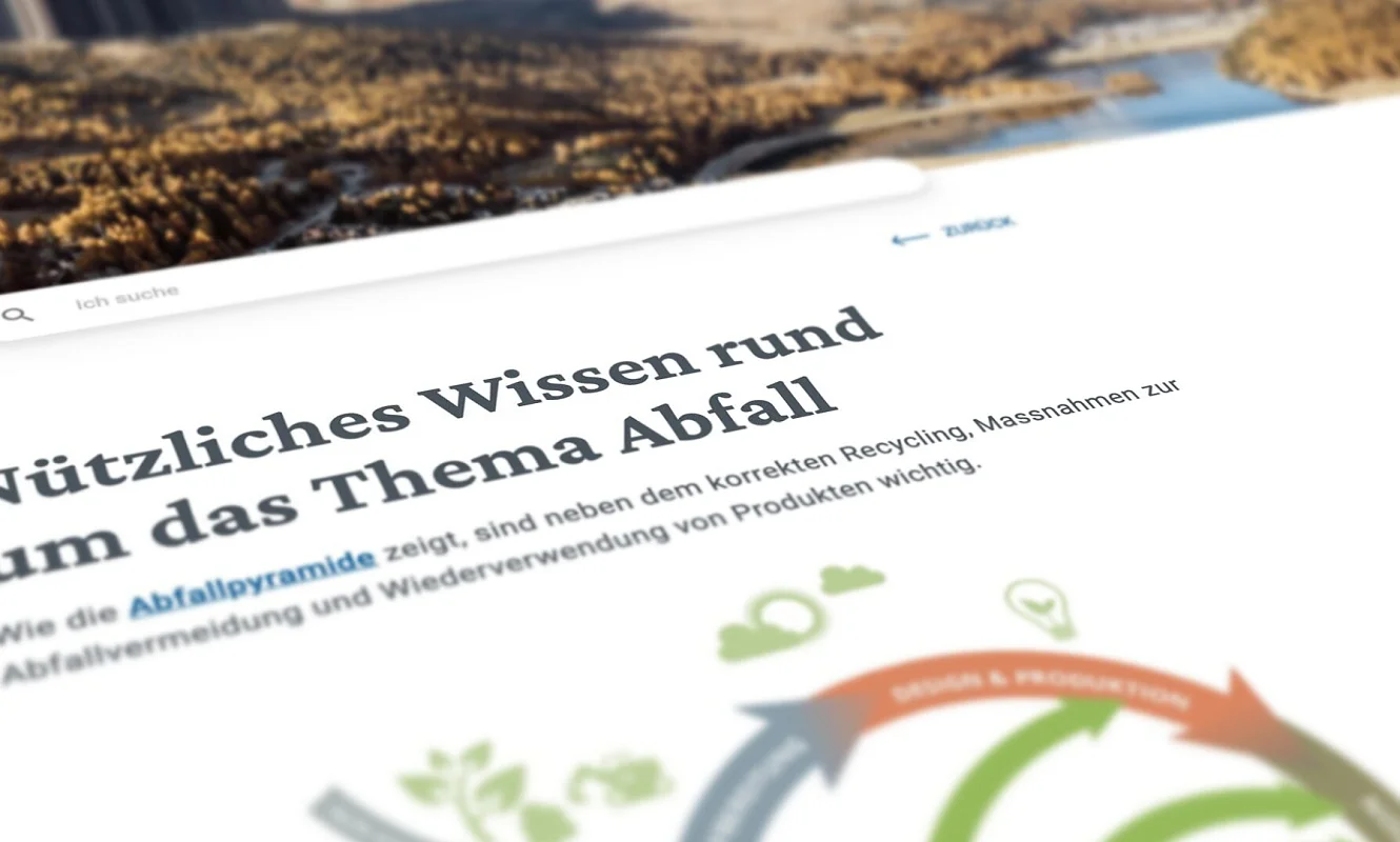 Suchresultat «Abfall» auf der Gemeinde-Website: Nützliches Wissen rund um das Thema Abfall mit Grafik