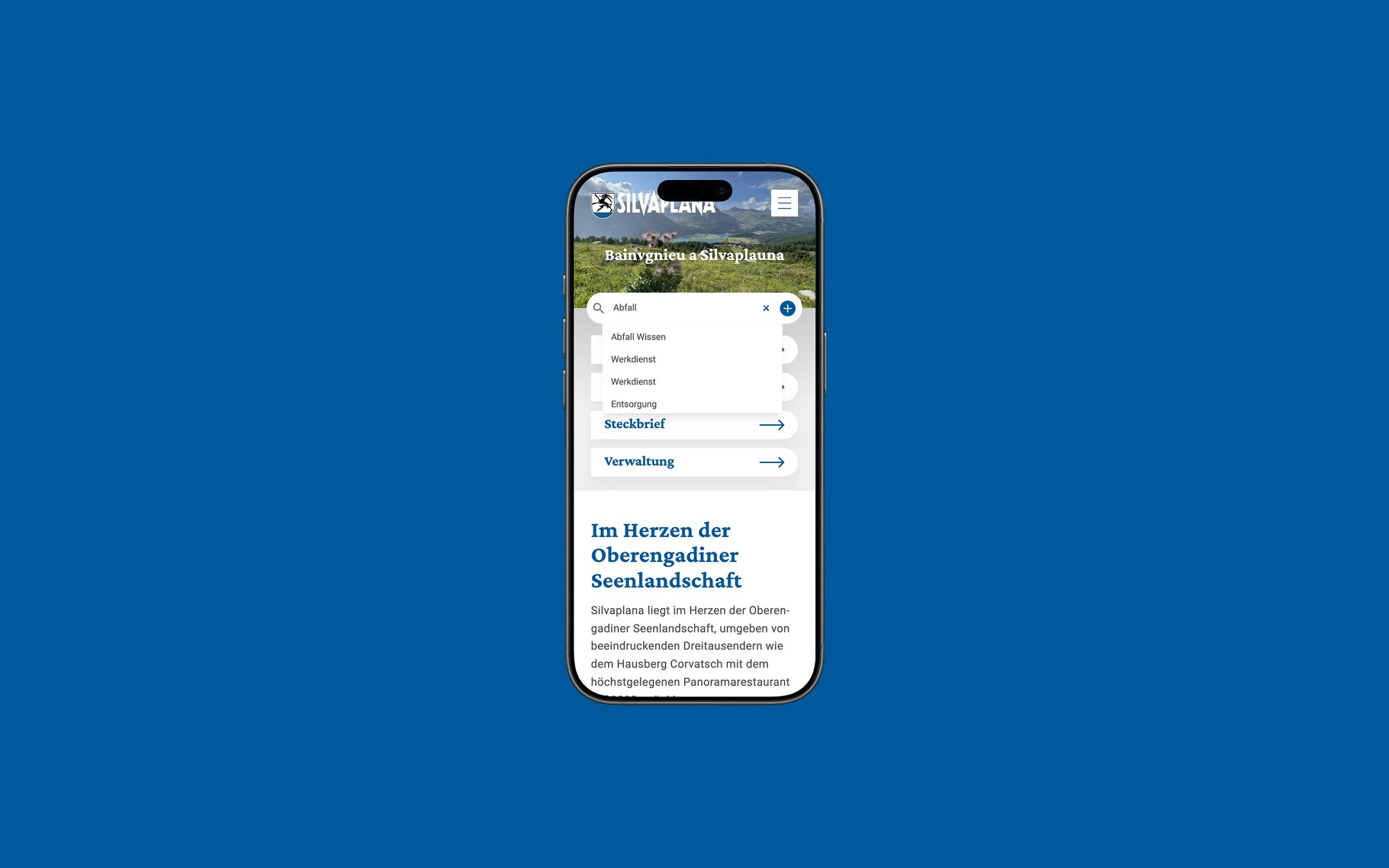 App-Ansicht von Gemeinde Silvaplana auf einem iPhone, vor einer Fläche in der Kundenfarbe