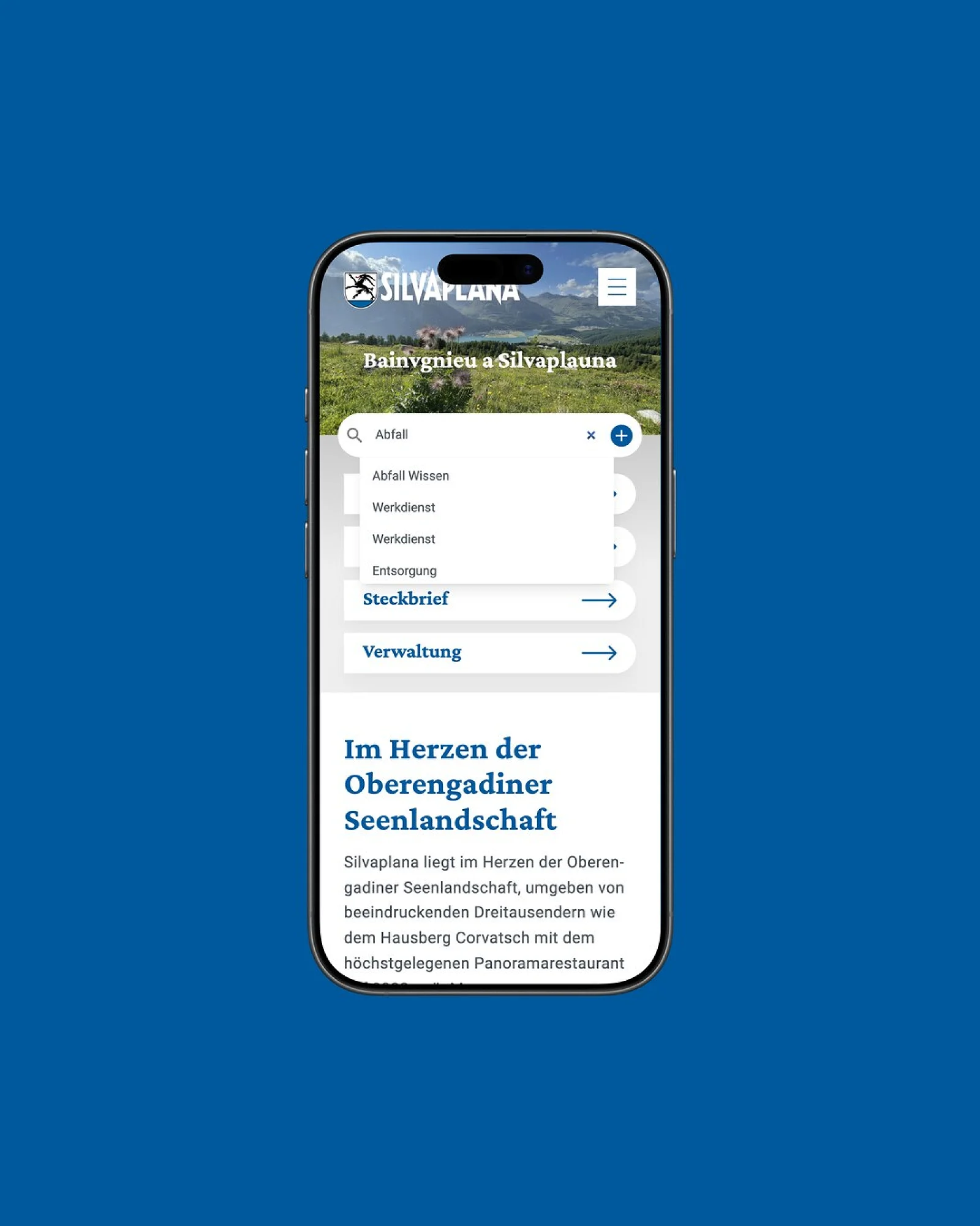 App-Ansicht von Gemeinde Silvaplana auf einem iPhone, vor einer Fläche in der Kundenfarbe