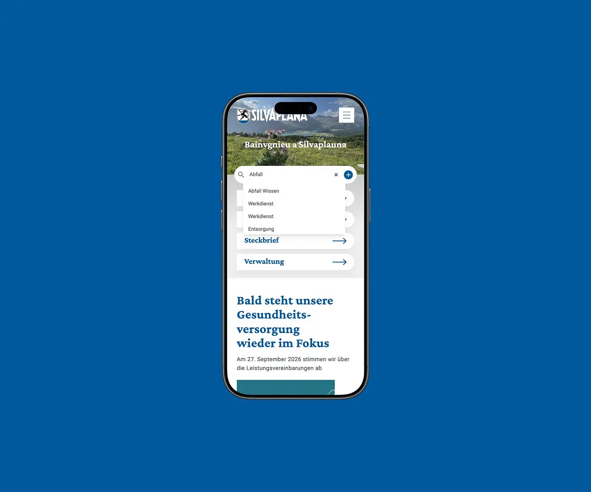 App-Ansicht von Gemeinde Silvaplana auf einem iPhone, vor einer Fläche in der Kundenfarbe