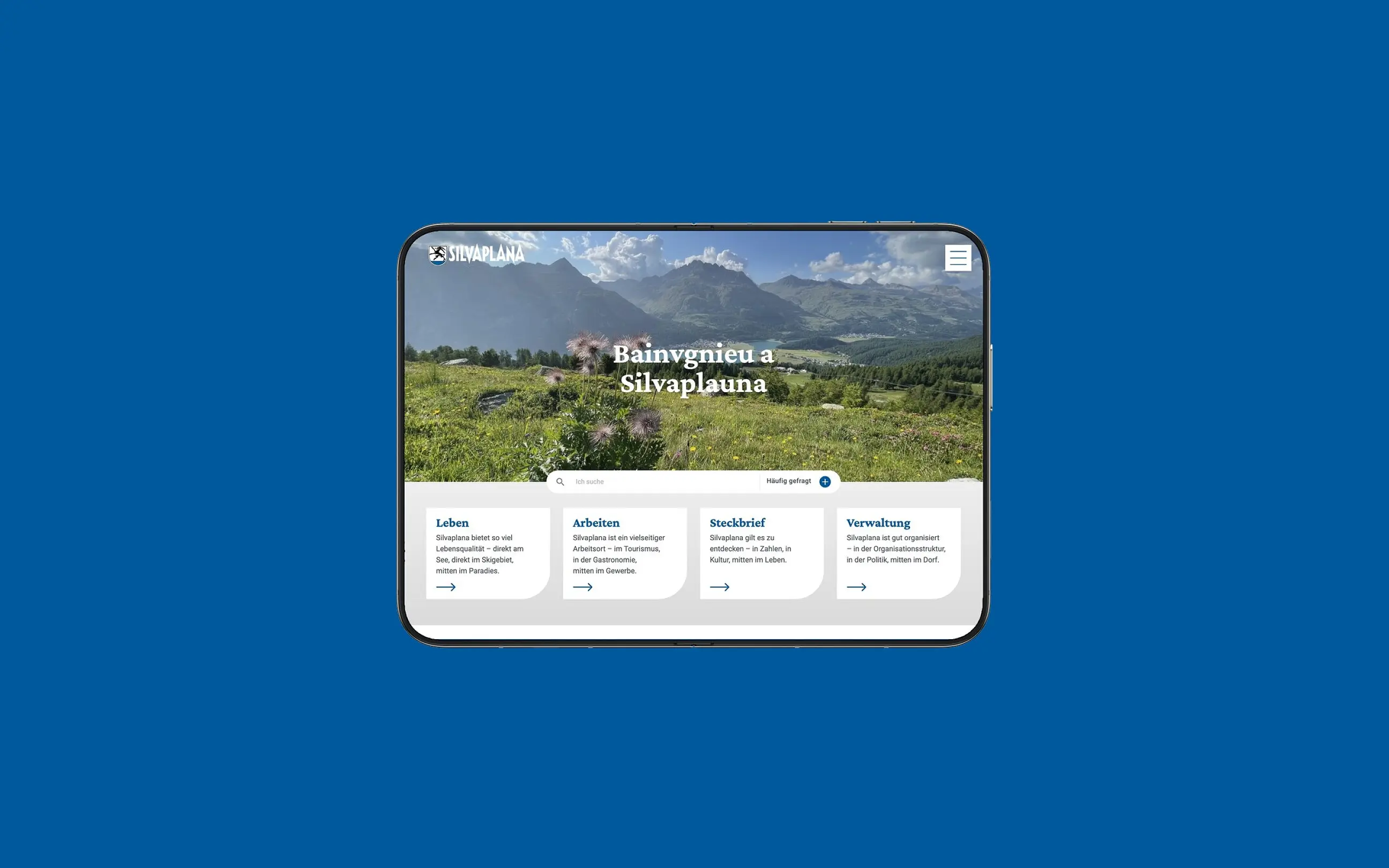App-Ansicht von Gemeinde Silvaplana auf einem iPhone, vor einer Fläche in der Kundenfarbe