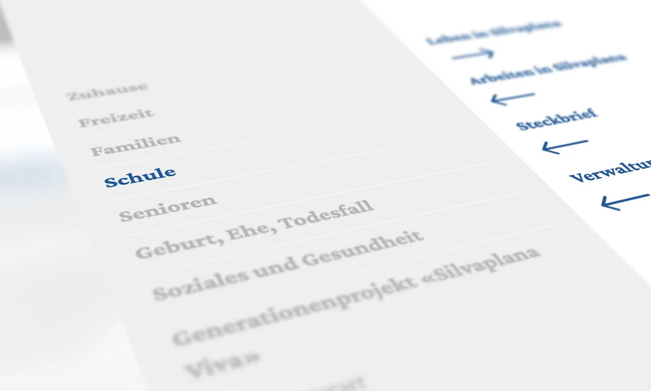 Website der Gemeinde Silvaplana: geöffnetes Menü mit Themen von Zuhause bis Soziales und Gesundheit, flach