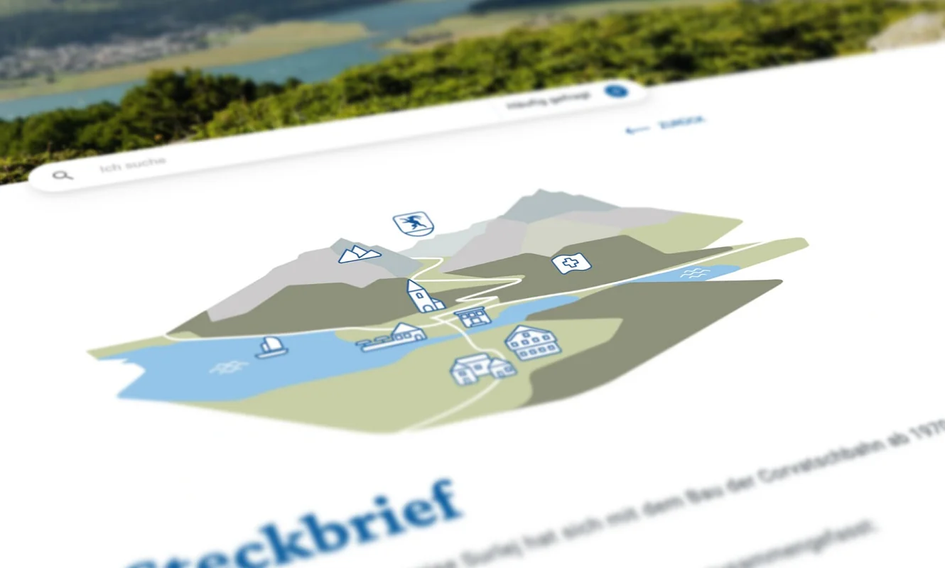 Website der Gemeinde Silvaplana, Seite Steckbrief mit illustrierter Karte, flach