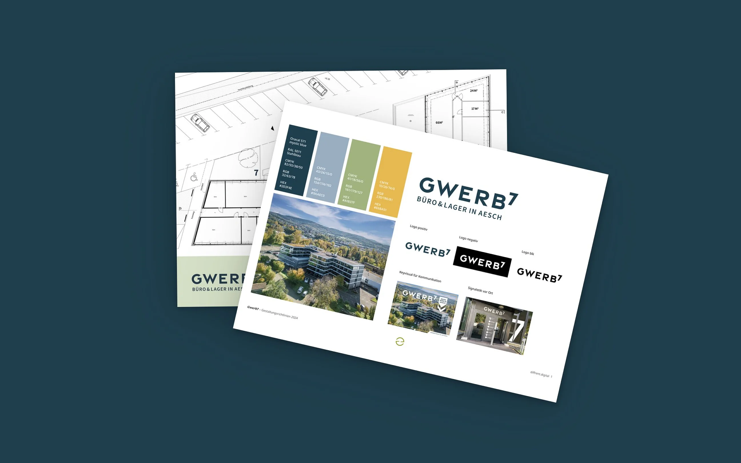 Zwei Blätter aus dem Corporate Design von GWERB7, aufgefächert auf der Kundenfarbe