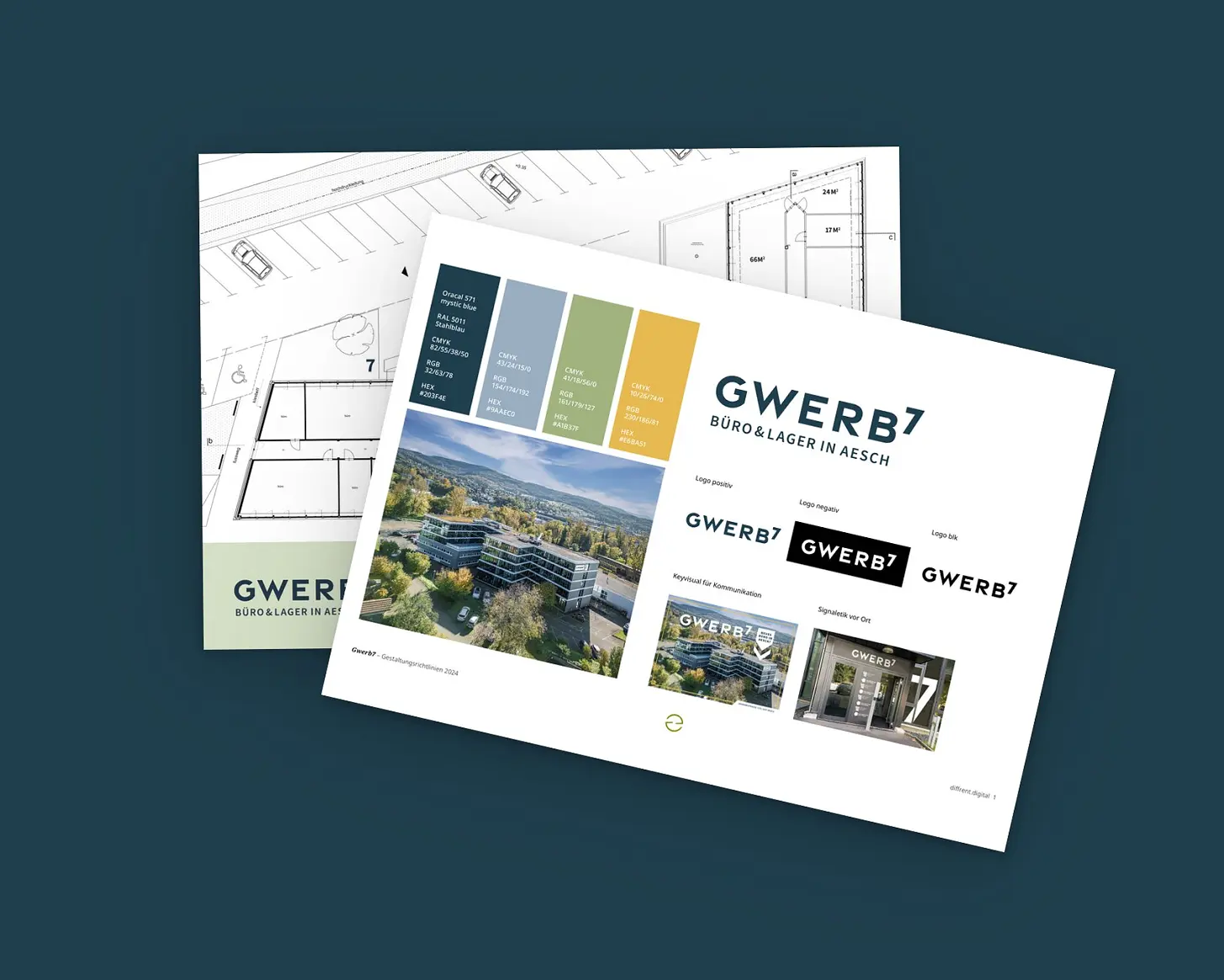 Zwei Blätter aus dem Corporate Design von GWERB7, aufgefächert auf der Kundenfarbe