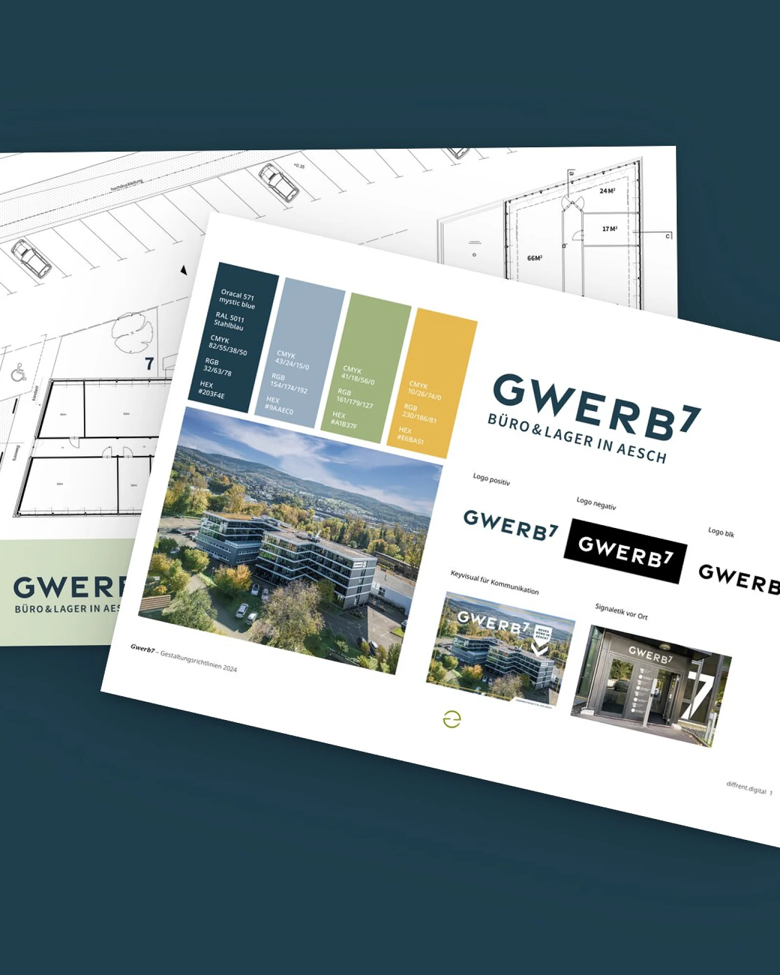 Zwei Blätter aus dem Corporate Design von GWERB7, aufgefächert auf der Kundenfarbe