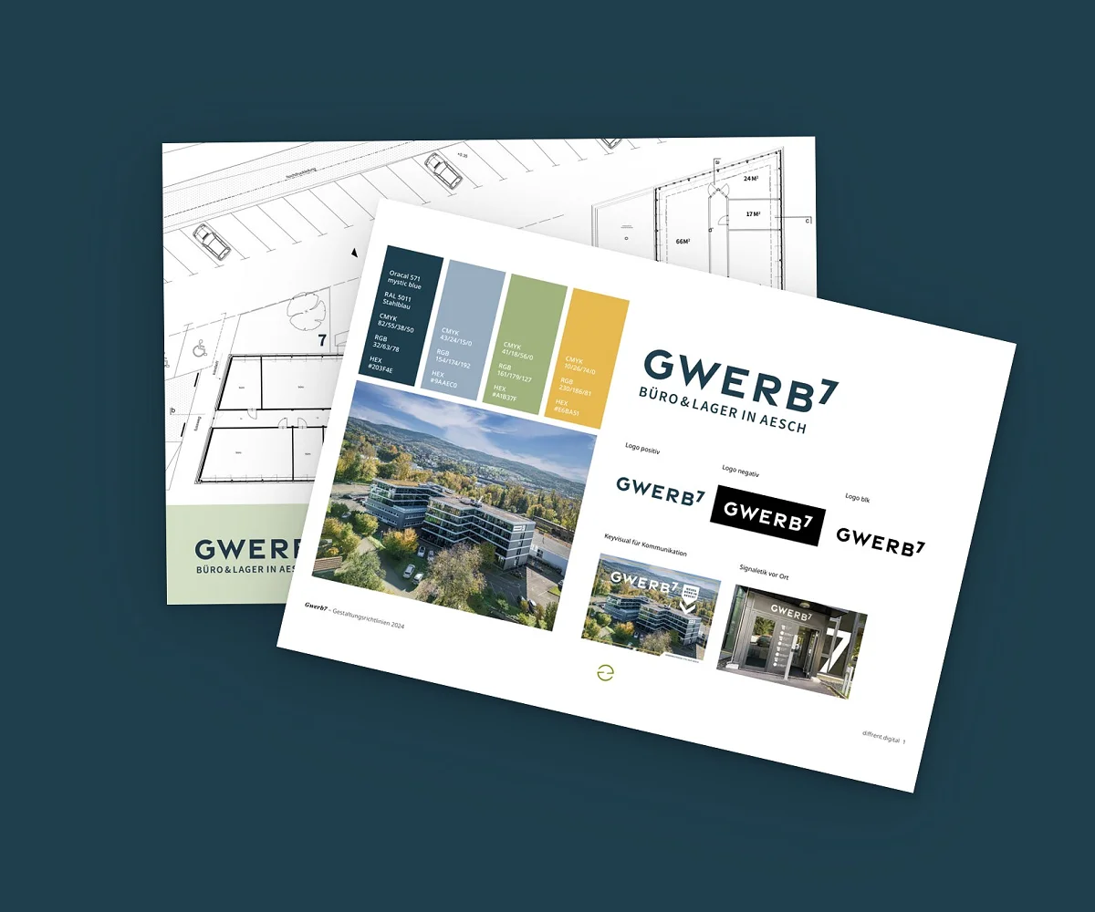 Zwei Blätter aus dem Corporate Design von GWERB7, aufgefächert auf der Kundenfarbe