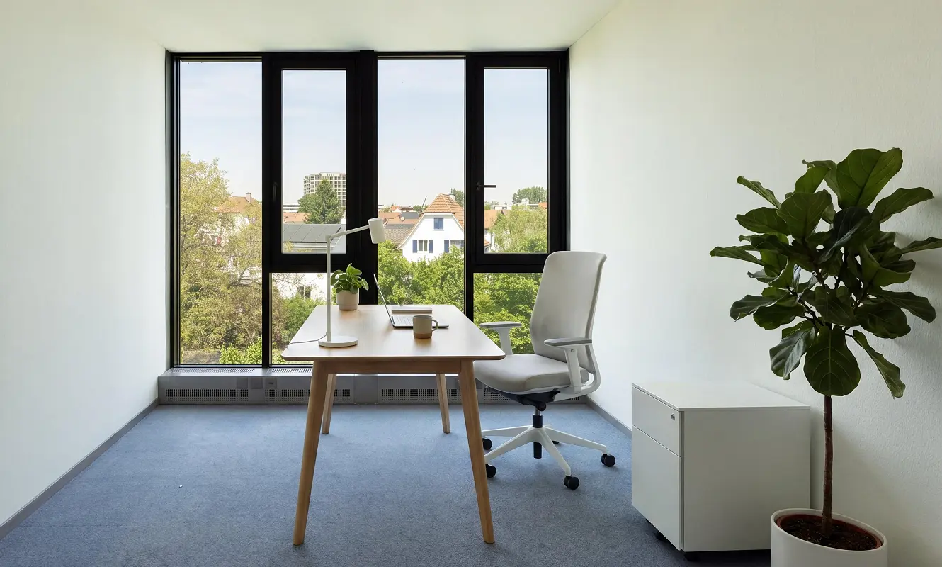 Dasselbe Einzelbüro im 3. OG, möbliert mit Schreibtisch, Bürostuhl, Rollcontainer und Zimmerpflanze
