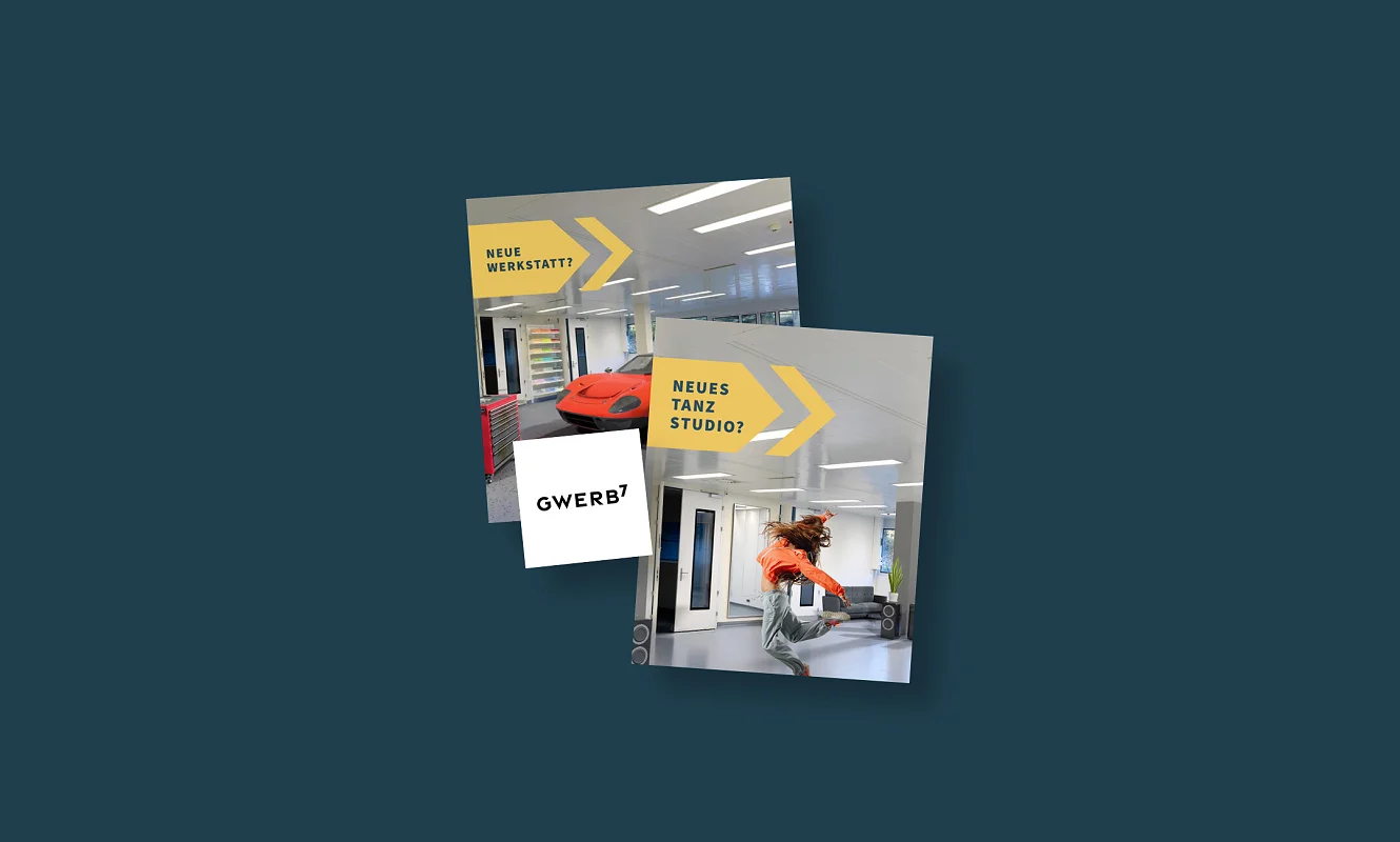 Zwei Story-Karten der GWERB7-Kampagne: «Neue Werkstatt?» und «Neues Tanzstudio?» mit Fotos leerer Räume