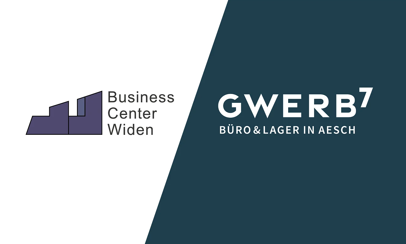 Vorher und nachher: links das alte Logo «Business Center Widen» auf Weiss, rechts die neue Wortmarke GWERB7 auf Blau