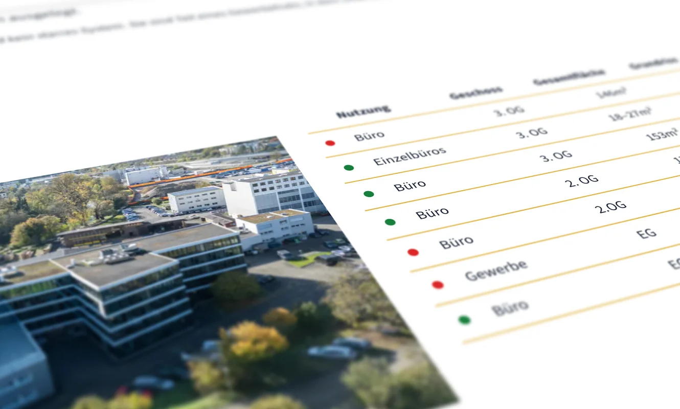 Angeschrägte Ansicht der Flächenliste mit Nutzung, Geschoss und Gesamtfläche, daneben die Drohnenaufnahme