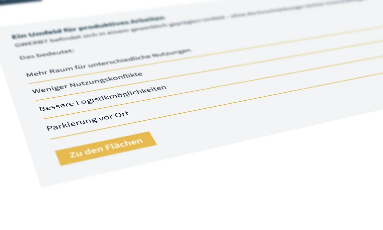 Angeschrägte Ansicht des Abschnitts «Ein Umfeld für produktives Arbeiten» mit vier Standortvorteilen und dem Button «Zu den Flächen»