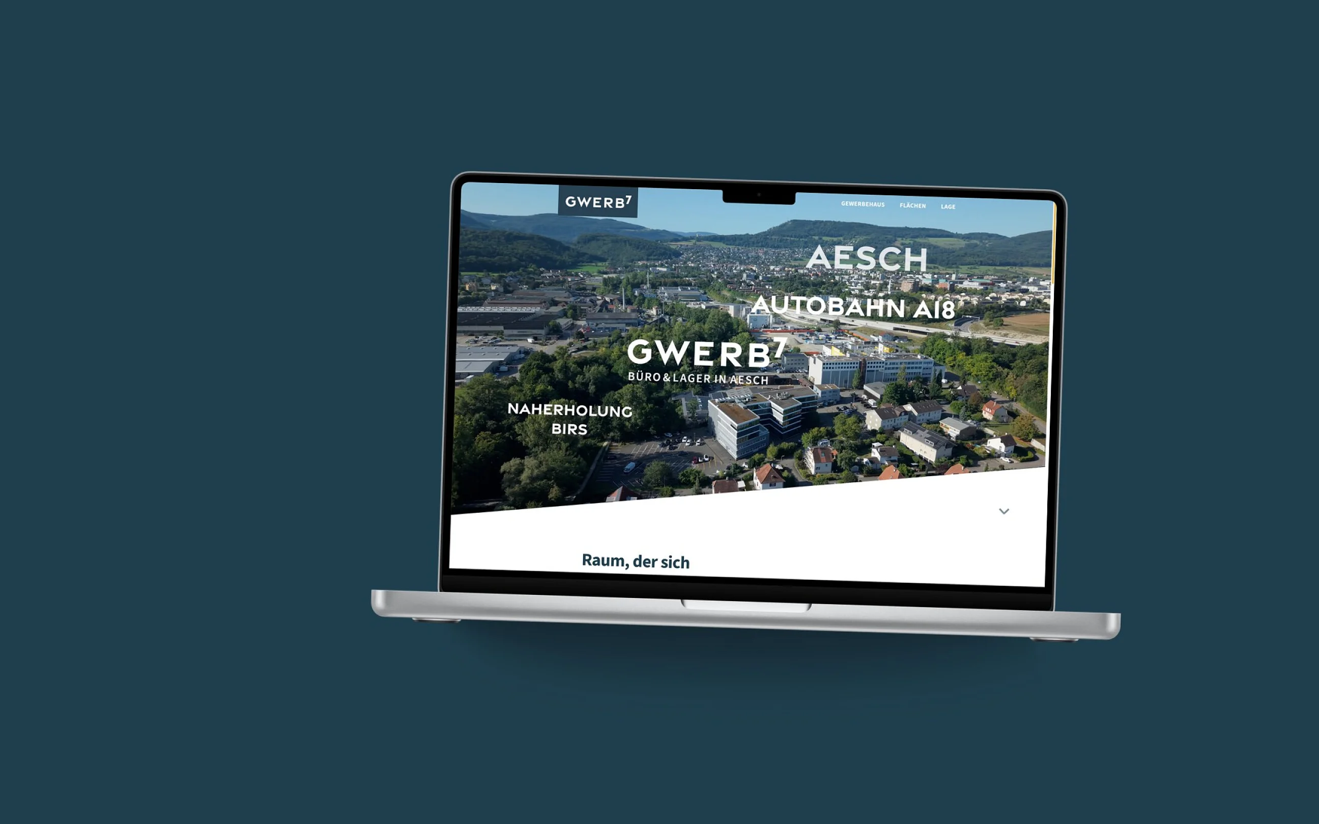 Startseite von GWERB7 auf einem MacBook, vor einer Fläche in der Kundenfarbe