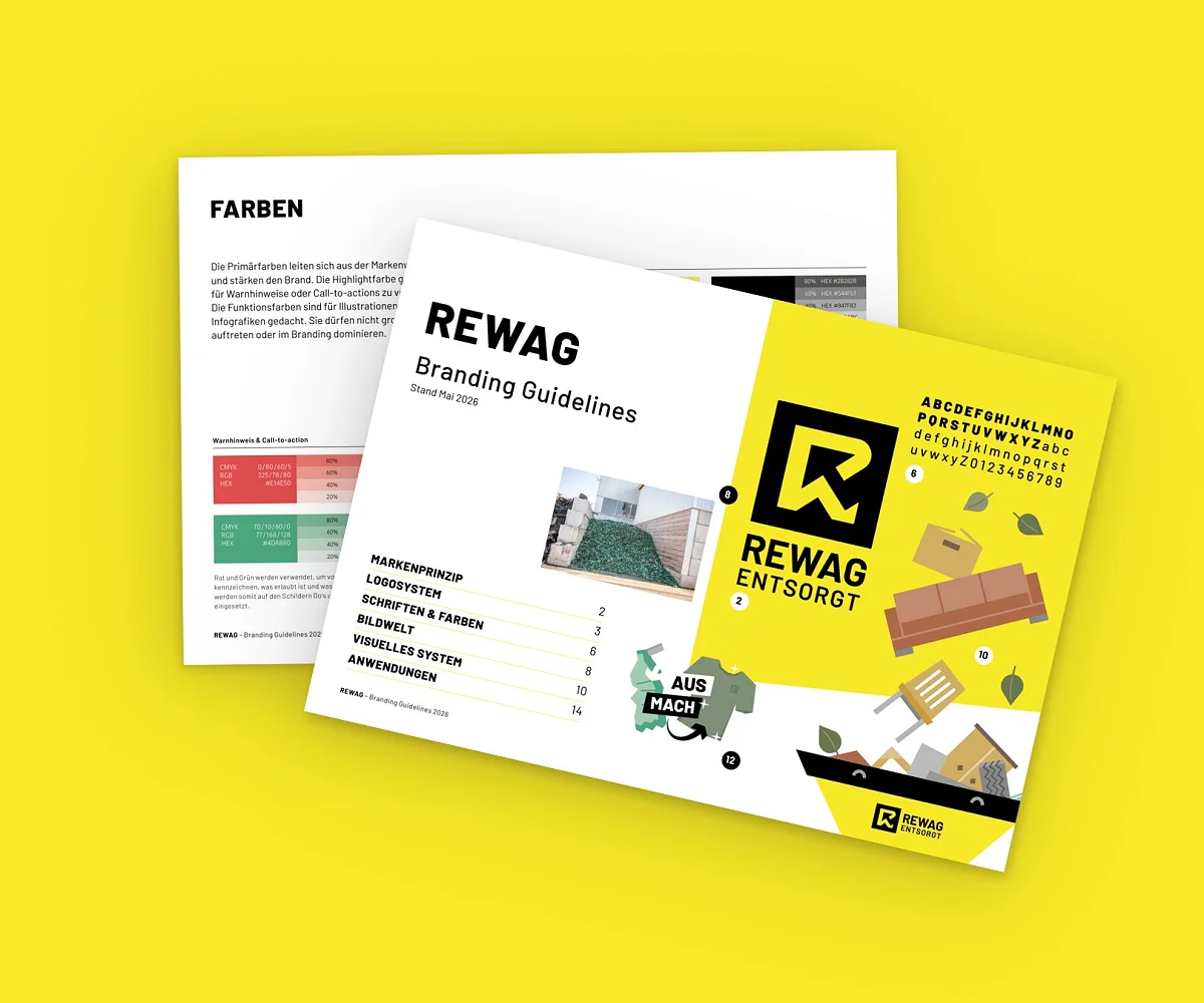 Zwei Blätter aus dem Corporate Design von REWAG AG, aufgefächert auf der Kundenfarbe